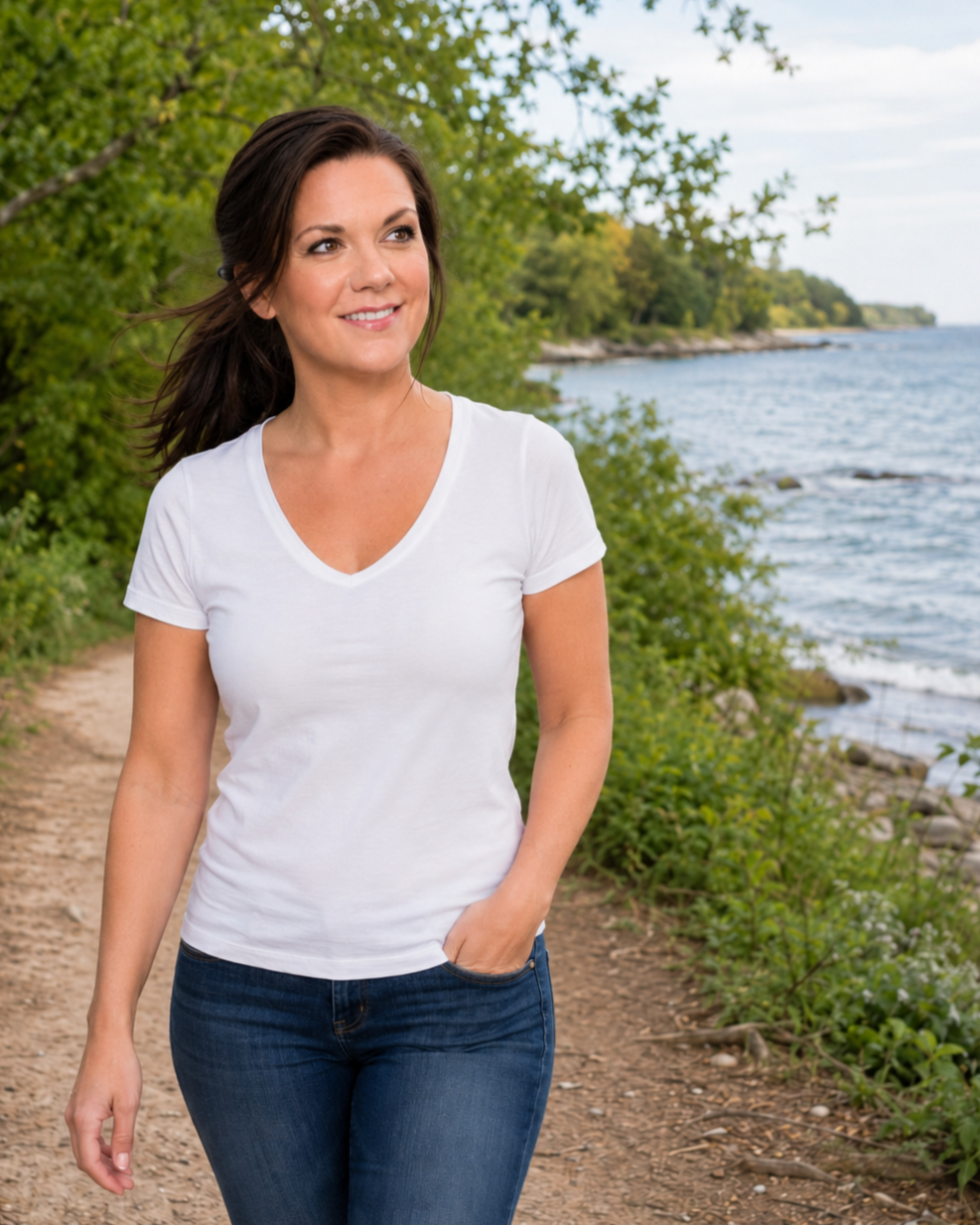 A woman with long brown hair smiling while walking along a dirt path near a body of water, surrounded by green trees.