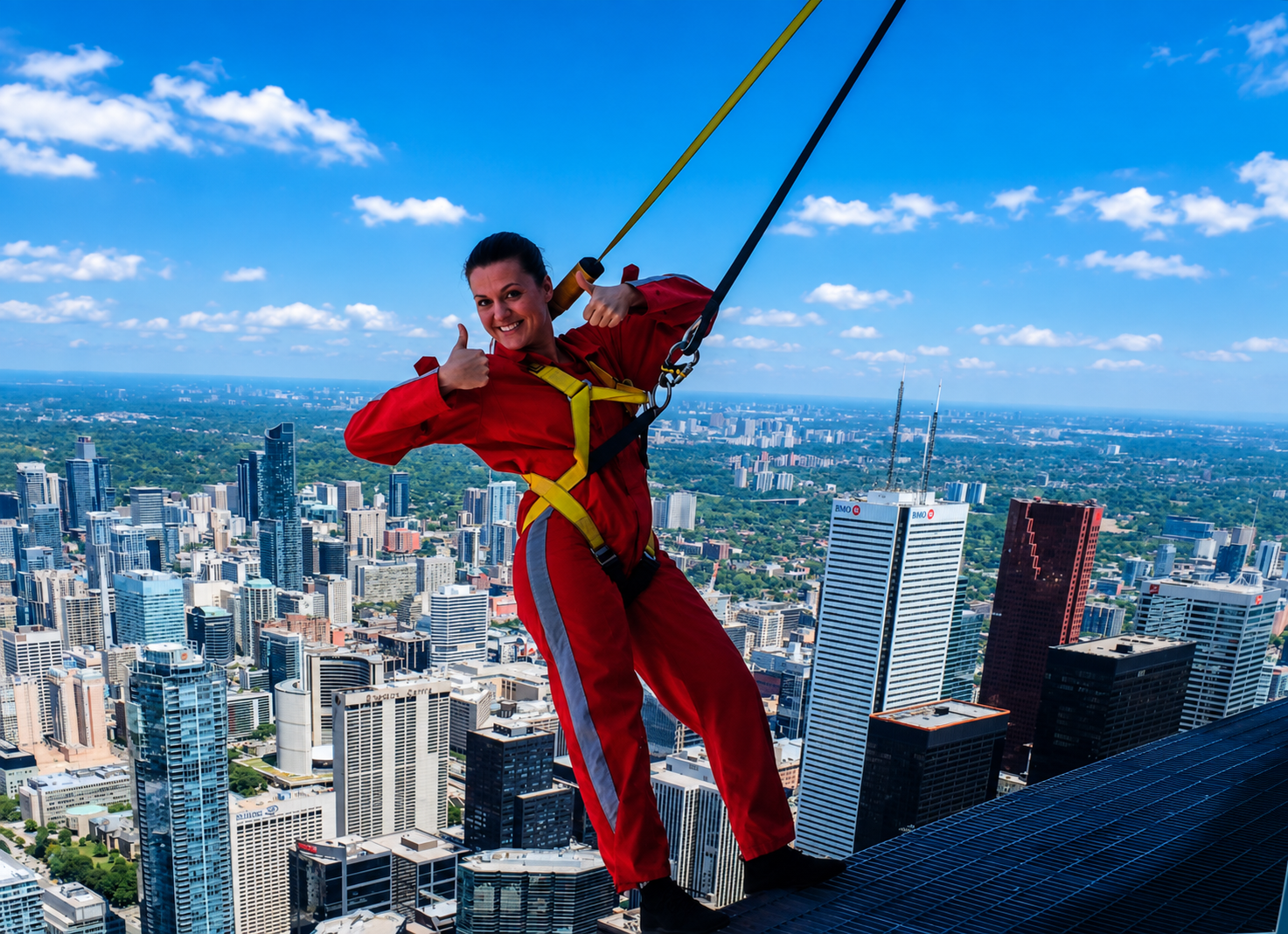 Woman in red jumpsuit and harness smiling on rooftop in city