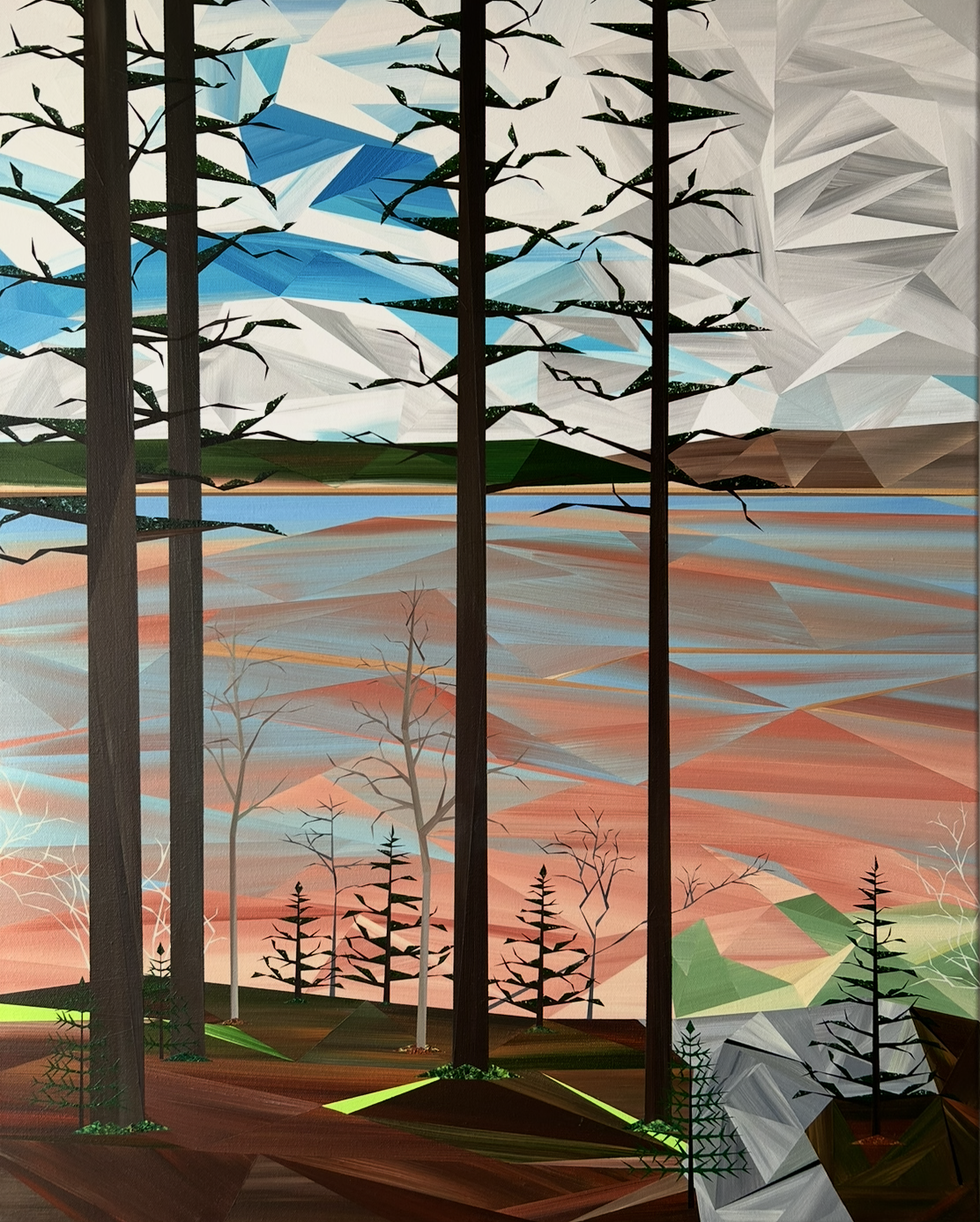 Between Trees, an original acrylic landscape painting by Marilyn Calleja, composed of hand-painted triangles with tall dark trees framing a coastal view at low tide, where coral-toned tidal flats meet blue water beneath a pale geometric sky.
