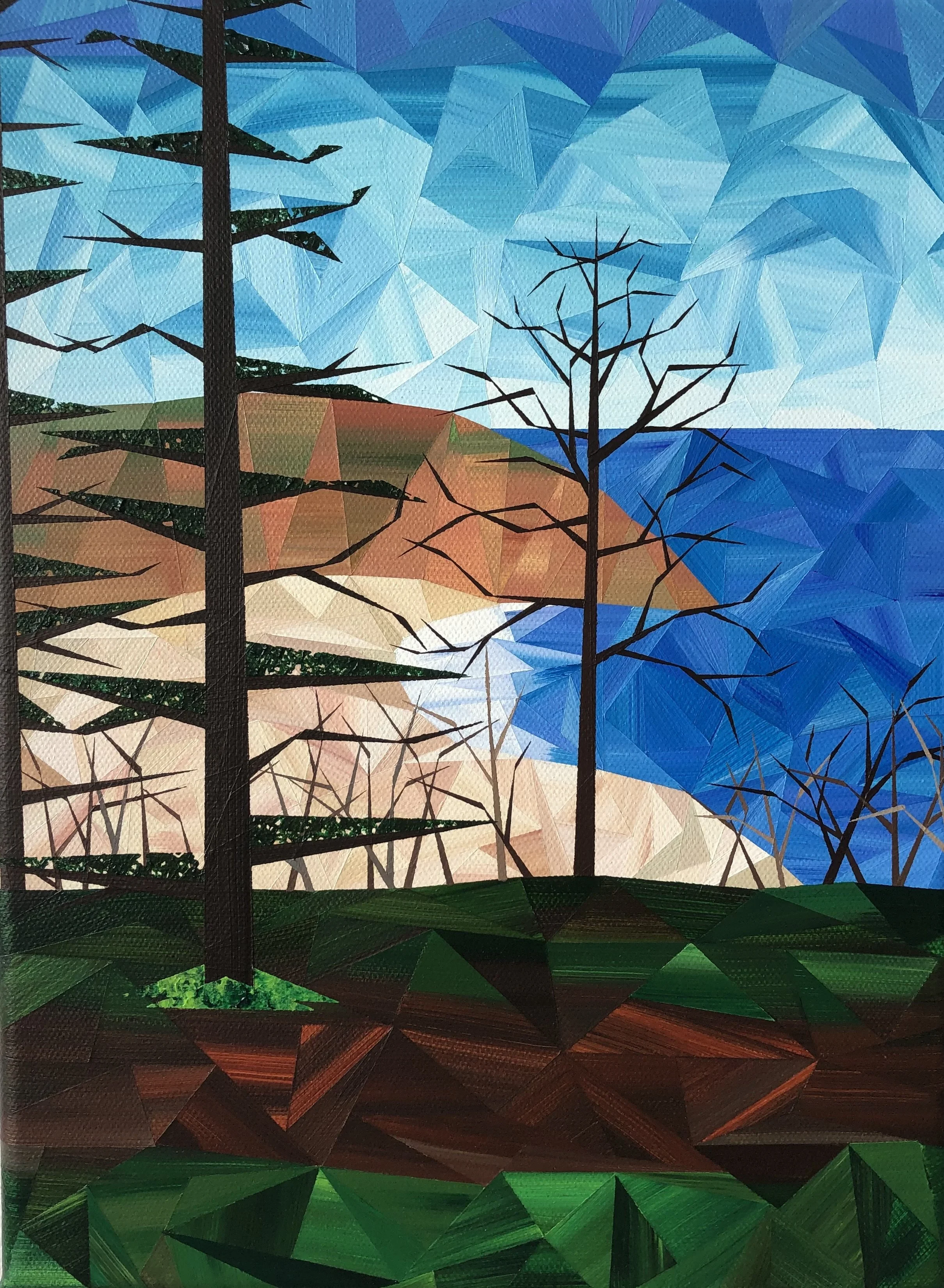The View From Here, an original acrylic landscape painting by Marilyn Calleja, composed of hand-painted triangles with dark trees framing a view of blue water, distant land and a bright faceted sky.