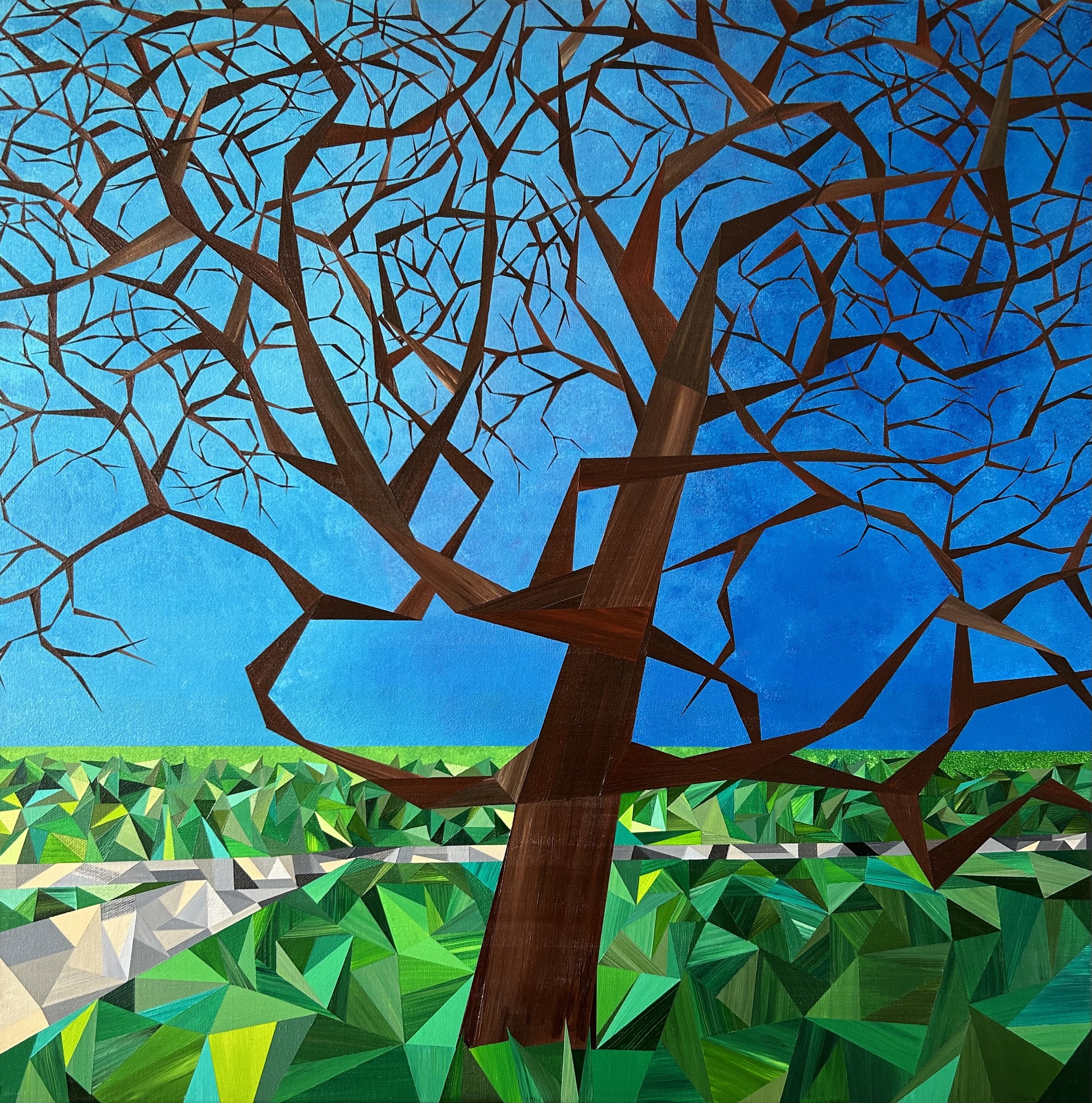 Branching Out, an original acrylic landscape painting by Marilyn Calleja, featuring a Catalpa tree with branching limbs against a vivid blue sky and geometric landscape.