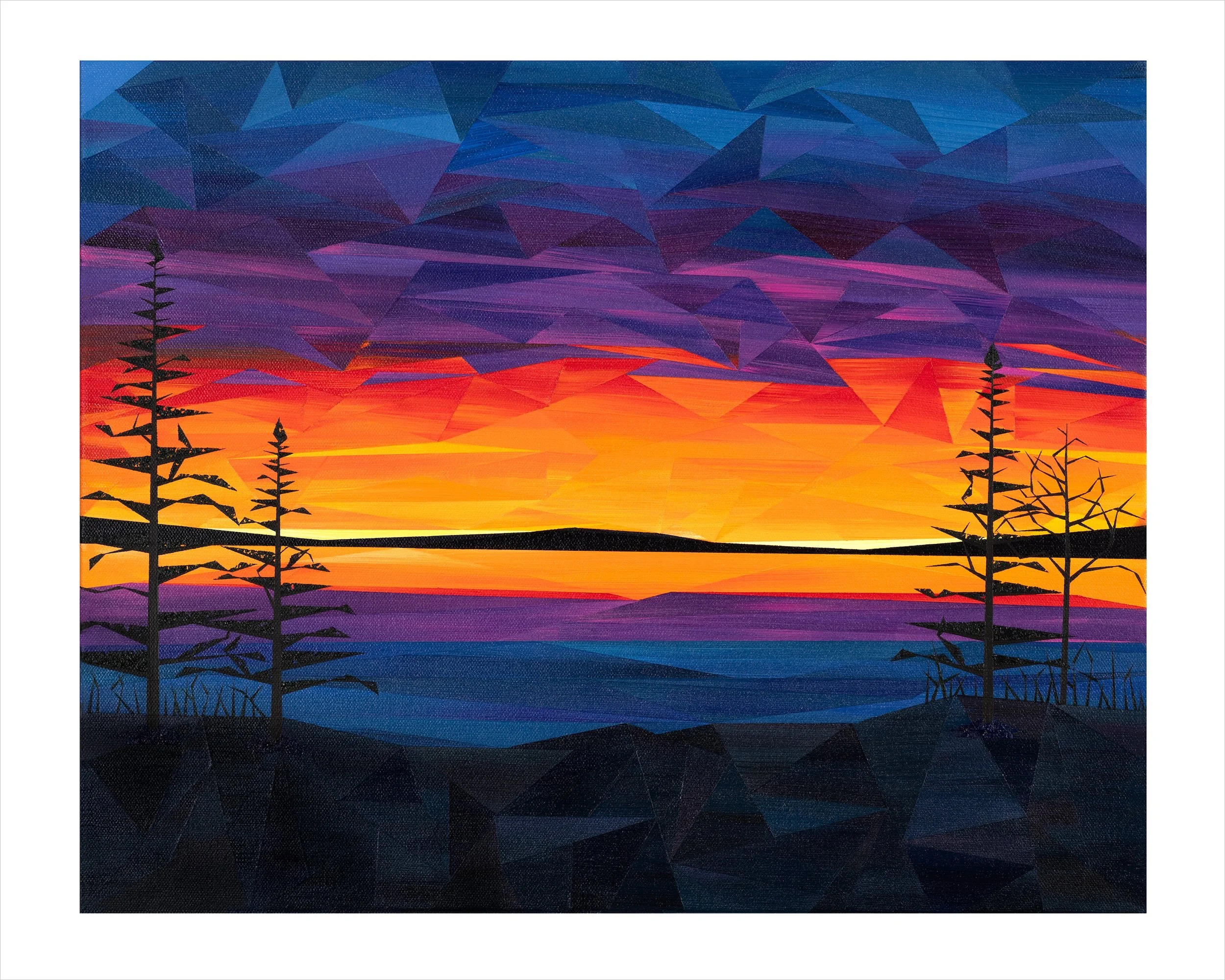 The Crack of Dawn, an original acrylic landscape painting by Marilyn Calleja, composed of hand-painted triangles with a brilliant orange and yellow sunrise glowing between silhouetted trees.