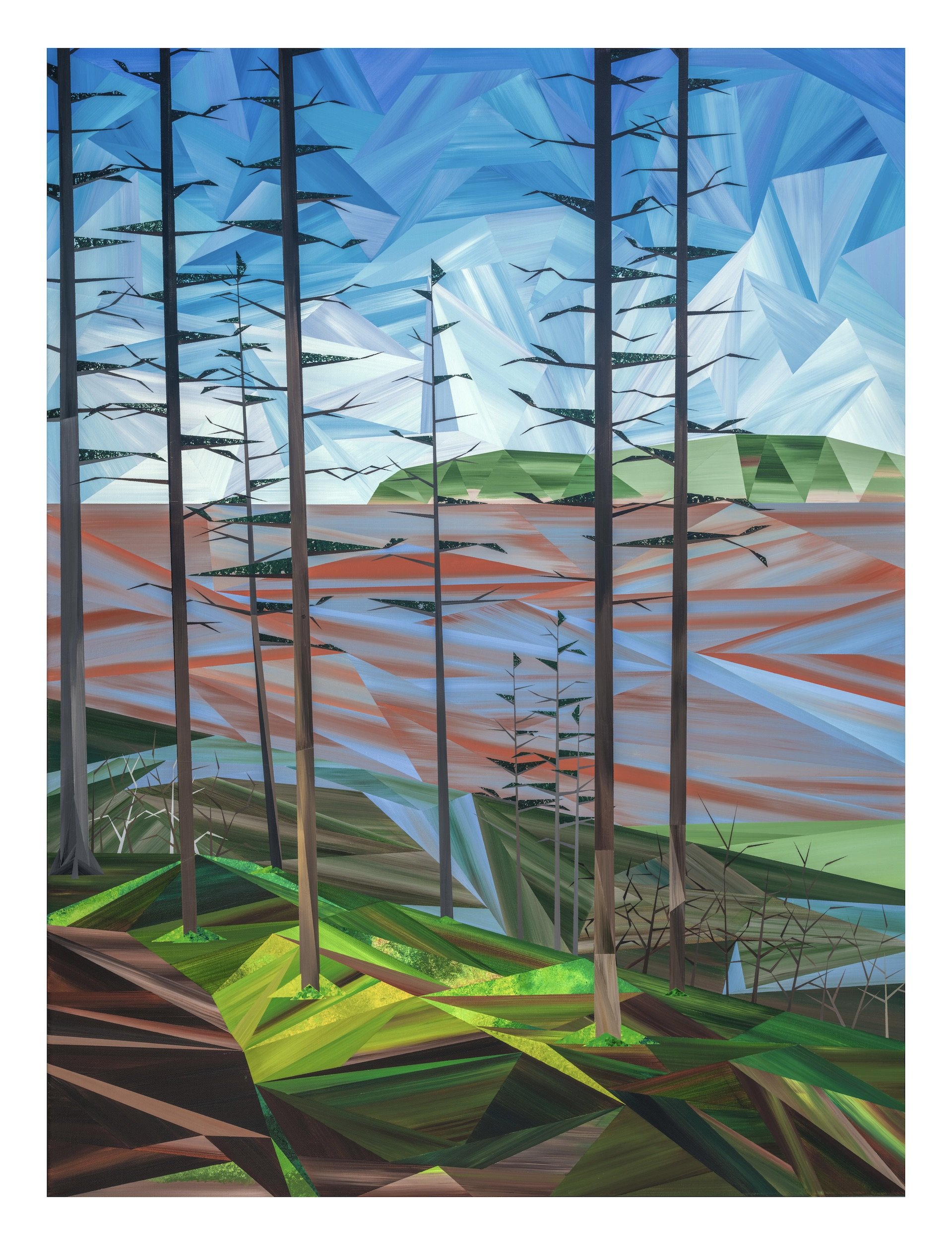 Along the Trail, an original acrylic landscape painting by Marilyn Calleja, built from hand-painted triangles with tall trees overlooking water beneath a blue sky.