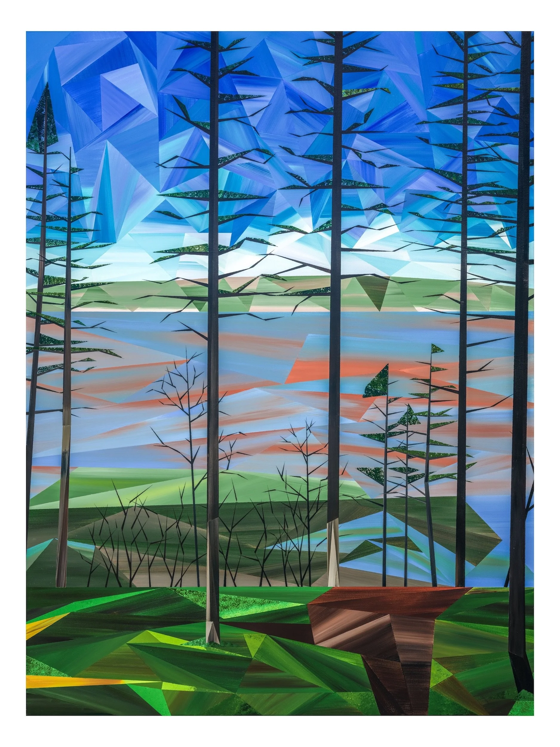 Abstract landscape painting with stylized trees, mountains, and sky in vibrant blue, green, and earth tones.