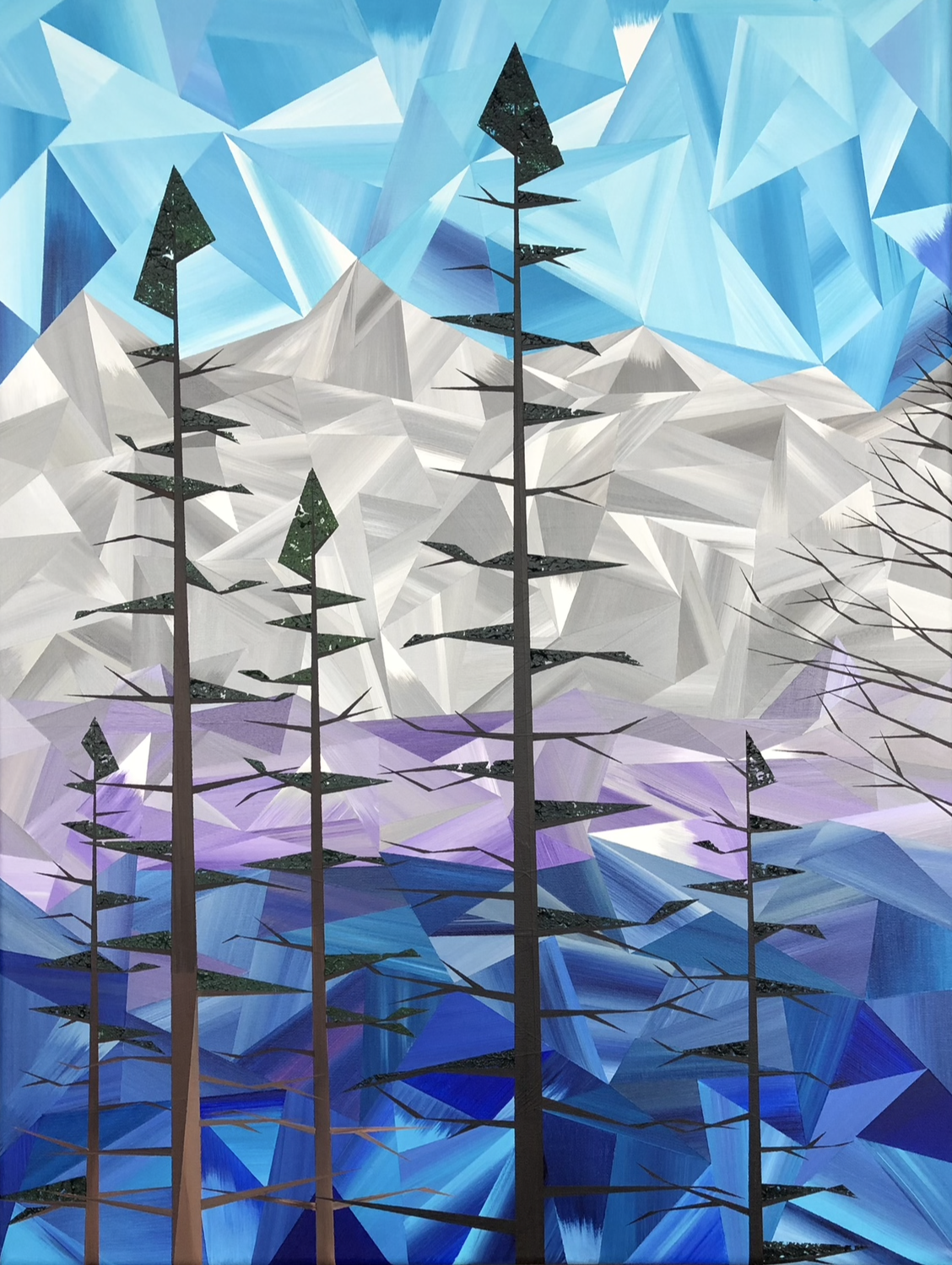 Mountain High, an original acrylic landscape painting by Marilyn Calleja, composed of hand-painted triangles with snow-covered mountains rising beneath a faceted blue sky and tall silhouetted evergreen trees in the foreground.