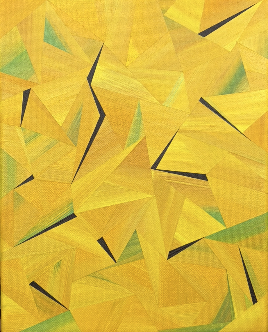 Northern Gold, an original acrylic painting by Marilyn Calleja, composed entirely of layered hand-painted triangles in rich shades of golden yellow.