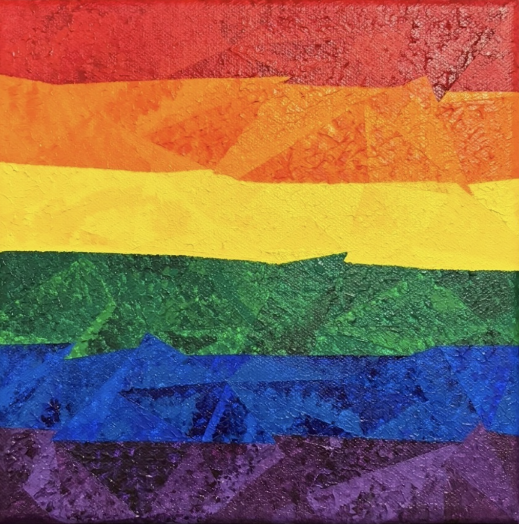 A Quiet Pride, an original acrylic painting by Marilyn Calleja, featuring horizontal bands of textured rainbow colour in a simple geometric composition.