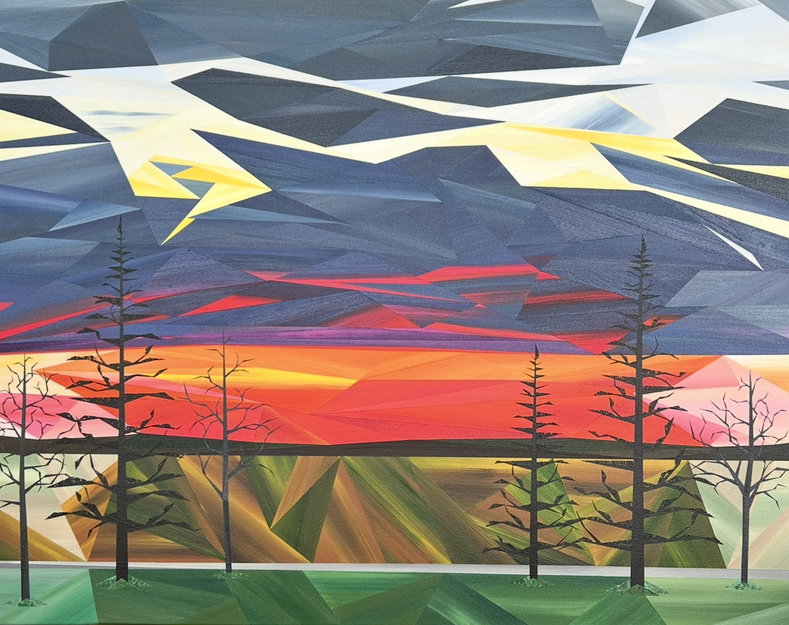Dusk in Amaranth, an original acrylic landscape painting by Marilyn Calleja, composed of hand-painted triangles with silhouetted trees beneath a dramatic sky of blue, grey, yellow, orange and amaranth.