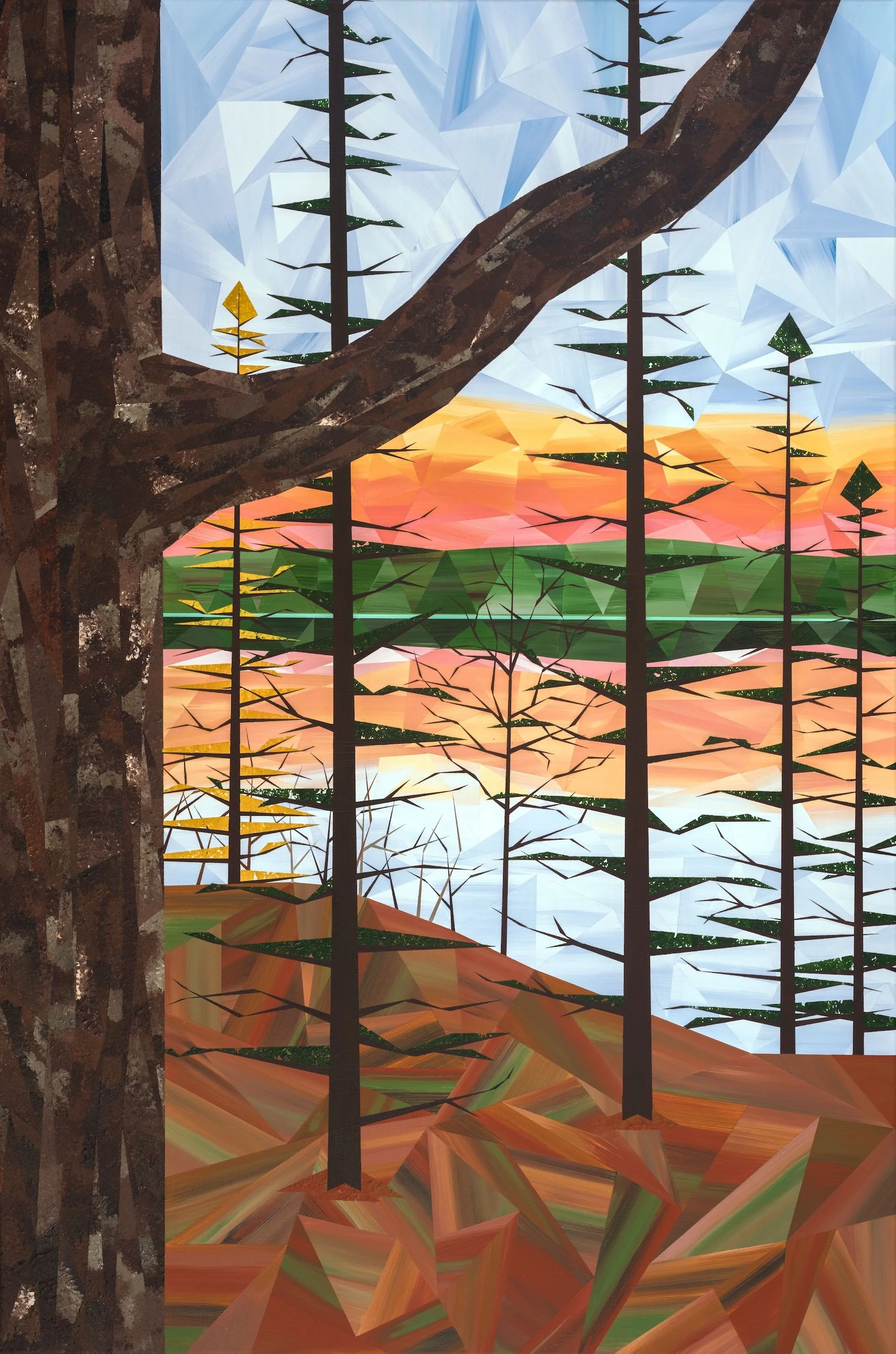 A stylized painting of a forest scene with tall trees, some with green and yellow leaves, a bright sunset sky with clouds, and a reflective body of water. The painting has an abstract, geometric style with bold colors and shapes.