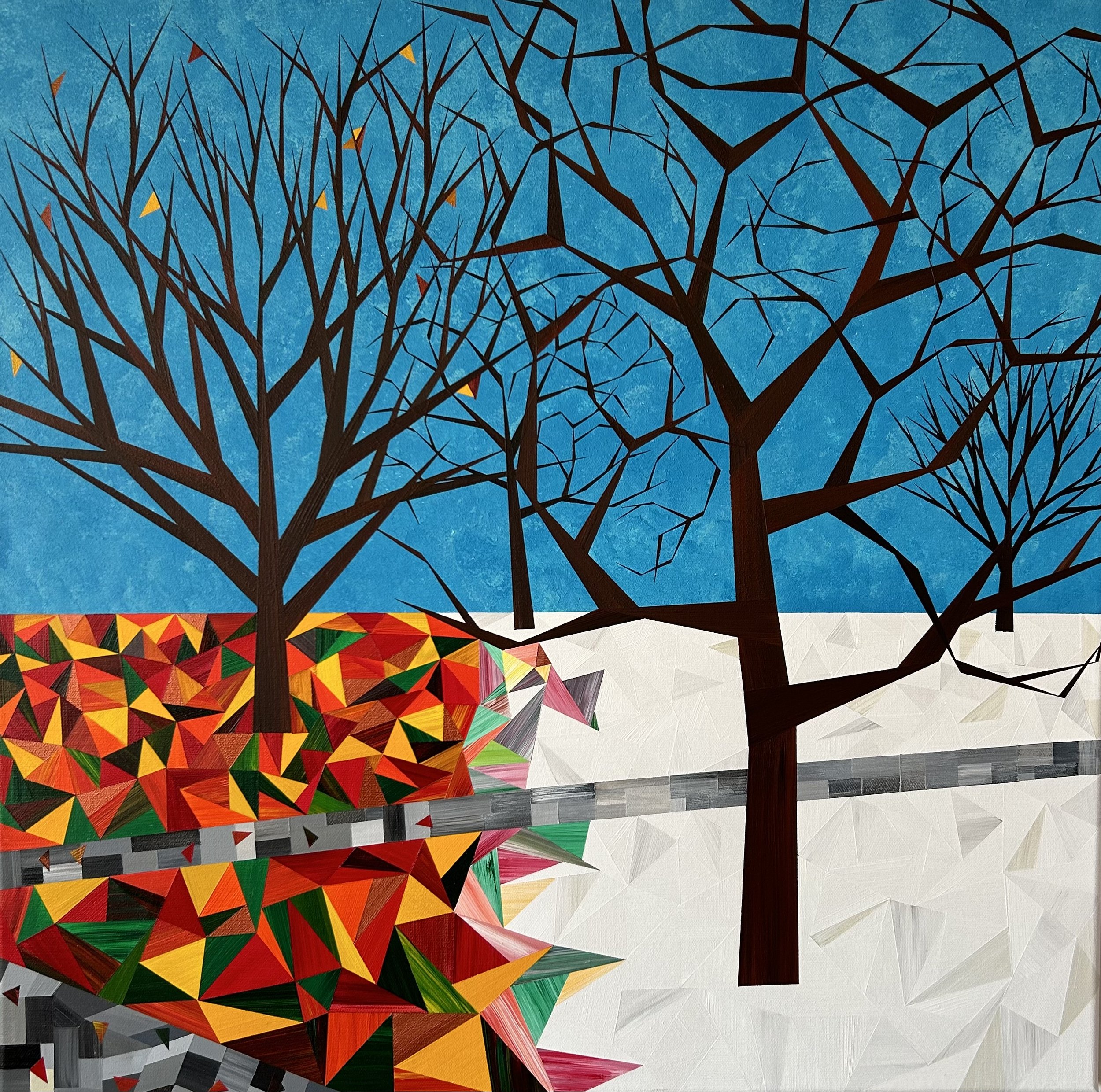 Transition, an original acrylic landscape painting by Marilyn Calleja, featuring bare trees as vibrant autumn colours transition into the whites of winter.