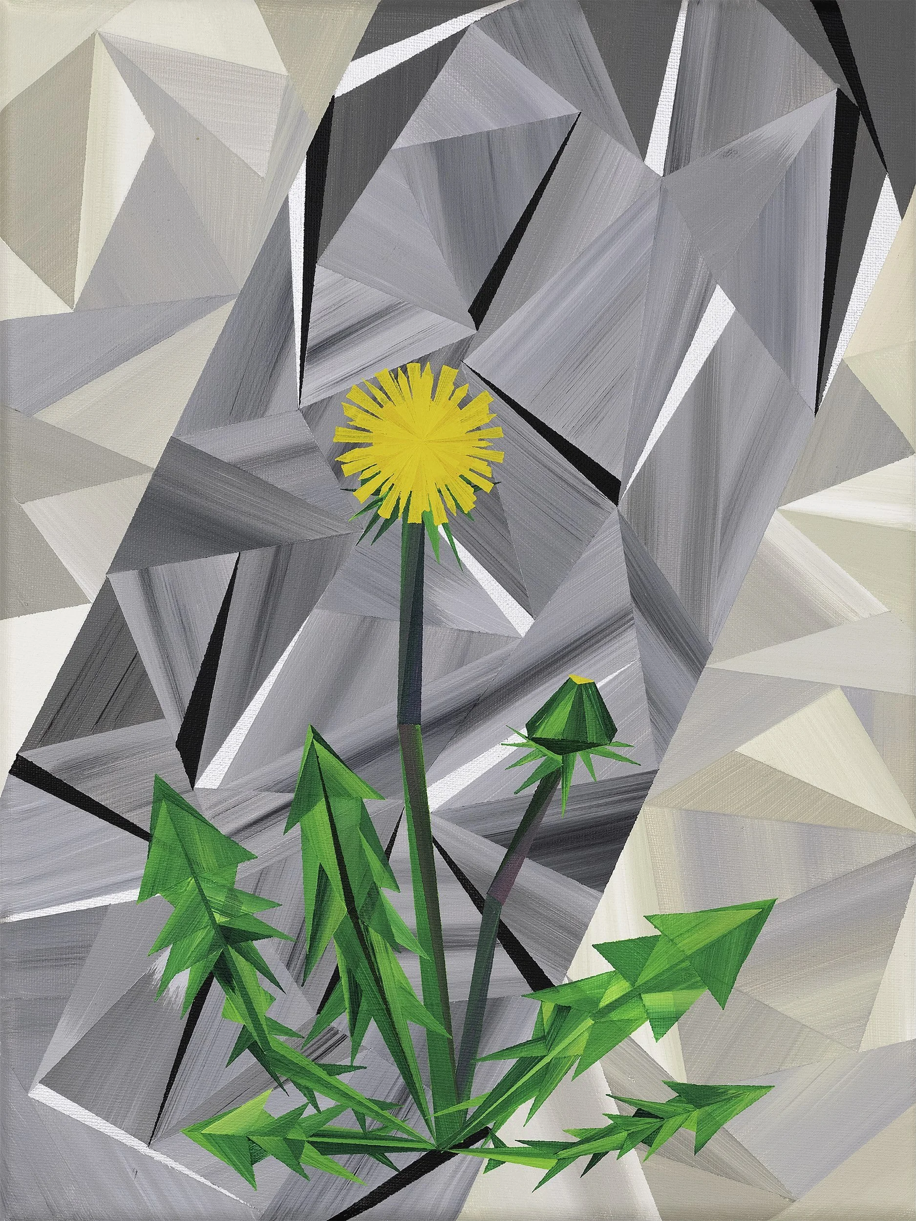 The Lioness, an original acrylic painting by Marilyn Calleja, composed of hand-painted triangles featuring a yellow dandelion against a geometric grey and parchment background.