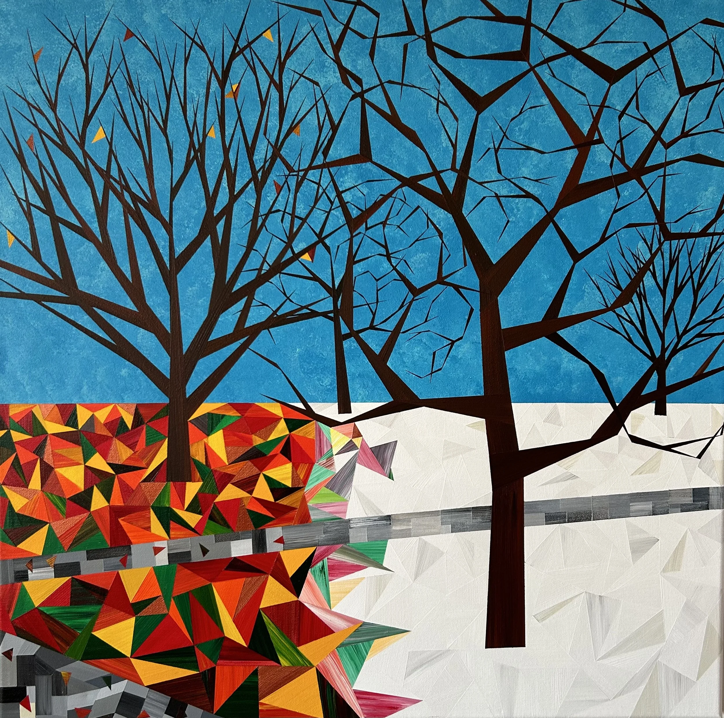 Transition, an original acrylic landscape painting by Marilyn Calleja, featuring bare trees as vibrant autumn colours transition into the whites of winter.