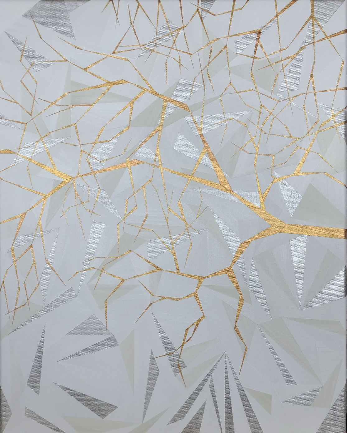 Silver Lining, an original acrylic landscape painting by Marilyn Calleja, composed of hand-painted triangles in soft whites, silver and metallic gold.