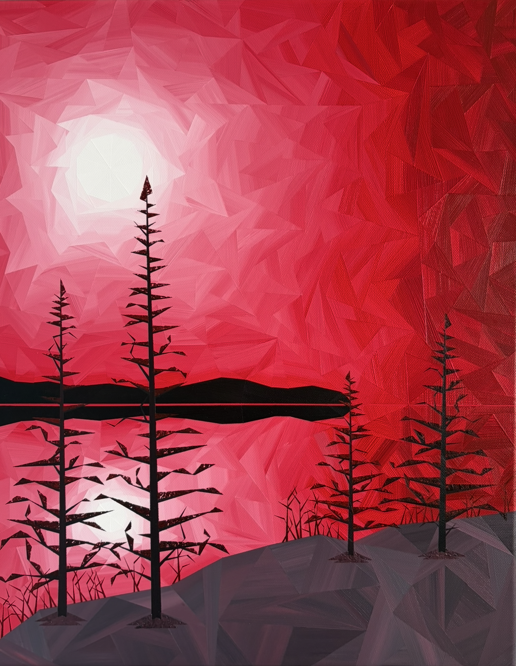 A Night in Crimson, an original acrylic landscape painting by Marilyn Calleja, composed of hand-painted triangles with silhouetted trees and their reflections beneath a luminous crimson and pink night sky.
