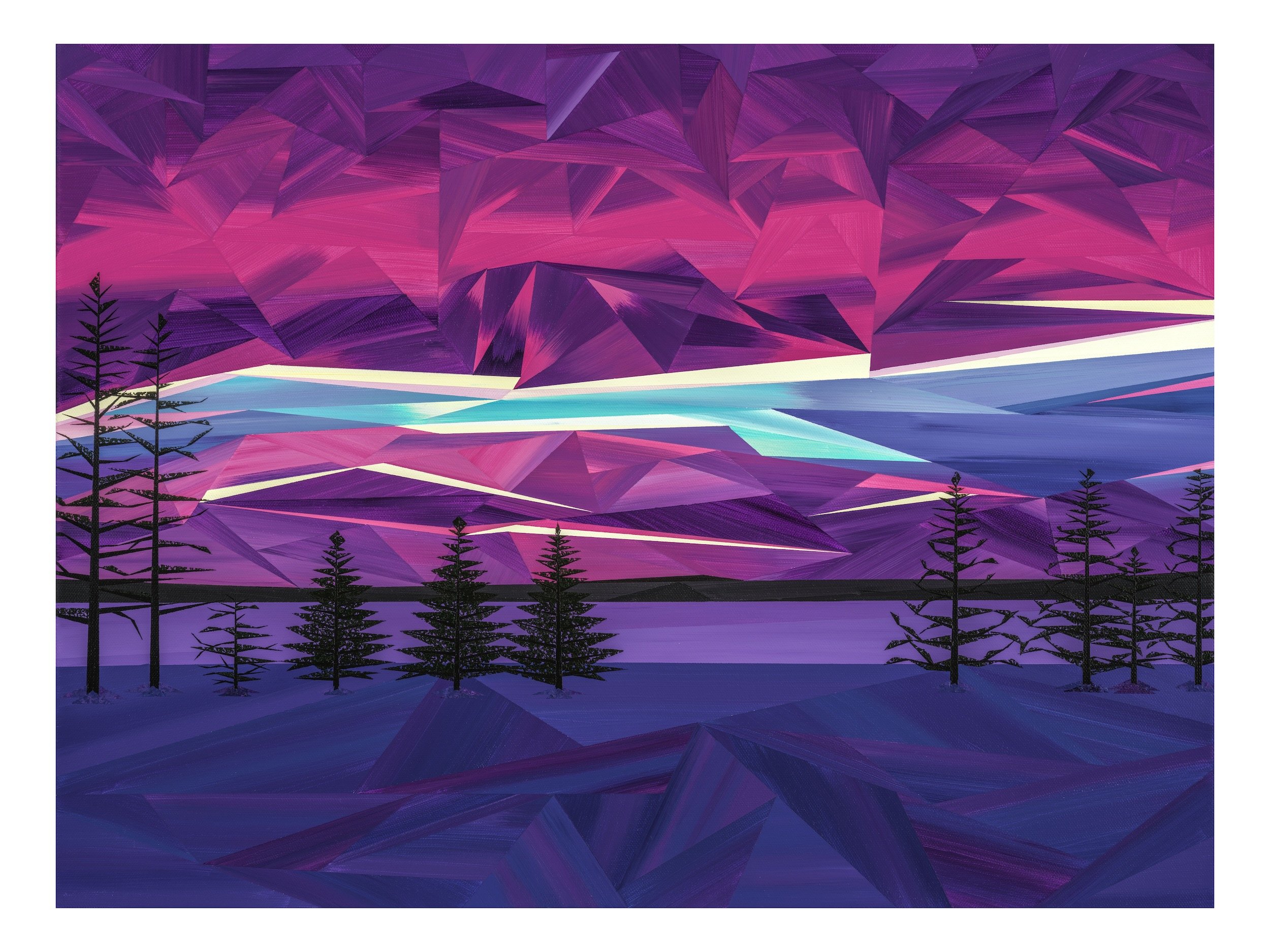 Amaranth, an original acrylic landscape painting by Marilyn Calleja, composed of hand-painted triangles in rich pink, purple and blue tones.