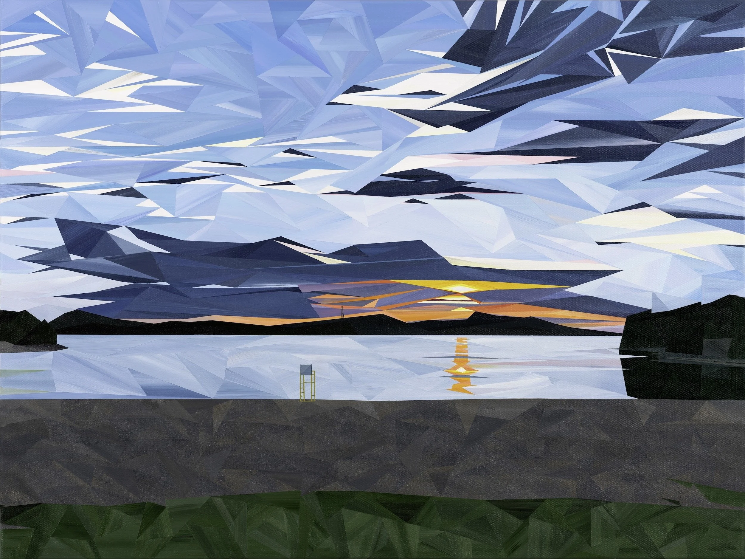 7, 8 - 9:10, an original acrylic landscape painting by Marilyn Calleja, inspired by Dominion Park in Saint John, New Brunswick, with a colourful sunset built from hand-painted triangles.