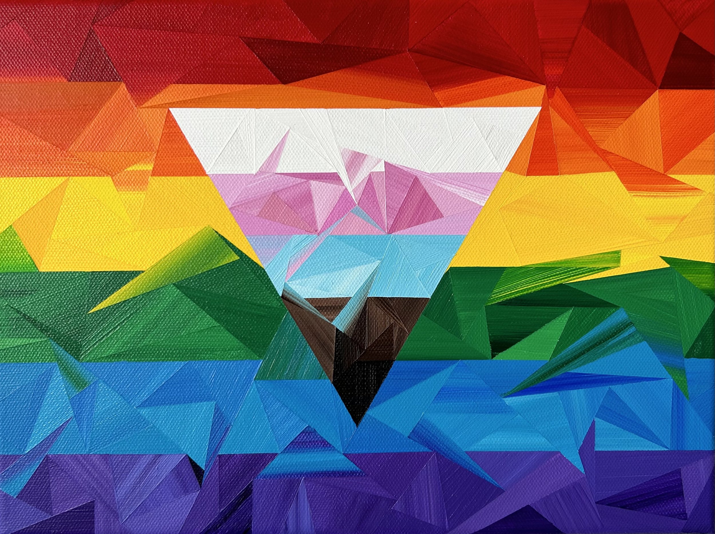 Progression, an original acrylic painting by Marilyn Calleja, featuring the colours of the Progress Pride flag arranged in bold geometric triangles.