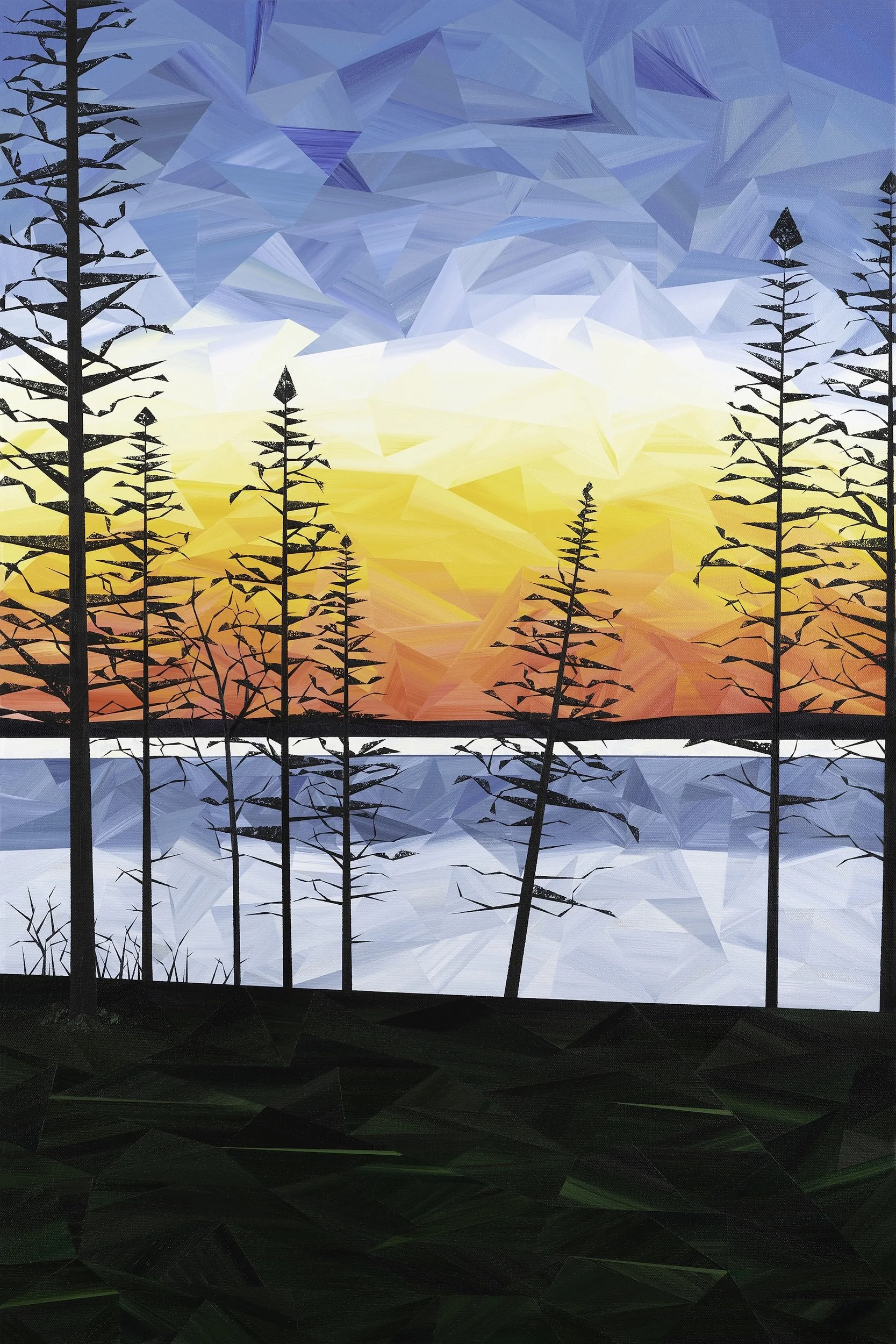 The Edge of Evening, an original acrylic landscape painting by Marilyn Calleja, composed of hand-painted triangles with a glowing sunset reflected across water and silhouetted trees.