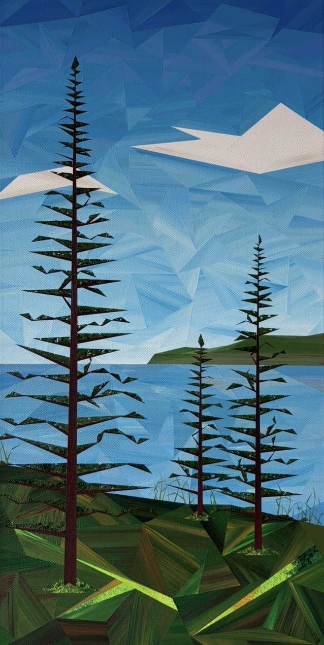 "Reach" — a landscape painted entirely in triangles, with tall trees stretching upward through layers of blue sky and water, reflecting growth, resilience and hope.