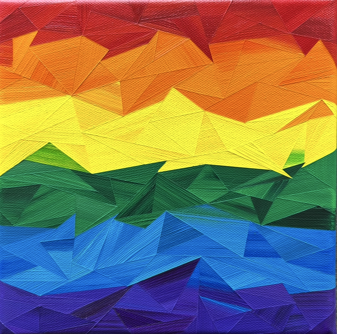 Fragments of Visibility, an original acrylic Pride painting by Marilyn Calleja, composed of layered geometric bands in vivid rainbow colours.