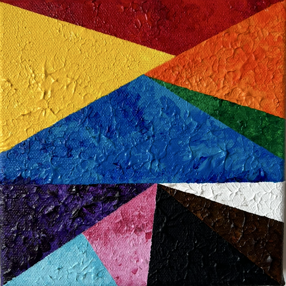 Textured Pride, an original acrylic painting by Marilyn Calleja, featuring bold geometric sections of rainbow colour with contrasting textures and triangular forms.
