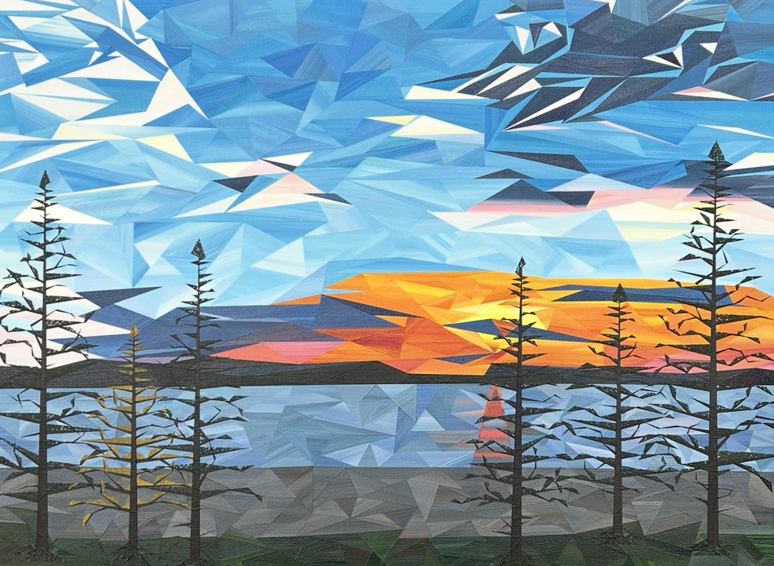 From Day Into Night, an original acrylic landscape painting by Marilyn Calleja, composed of hand-painted triangles with silhouetted trees and water beneath a sky transitioning from bright blue daylight to a glowing orange sunset.