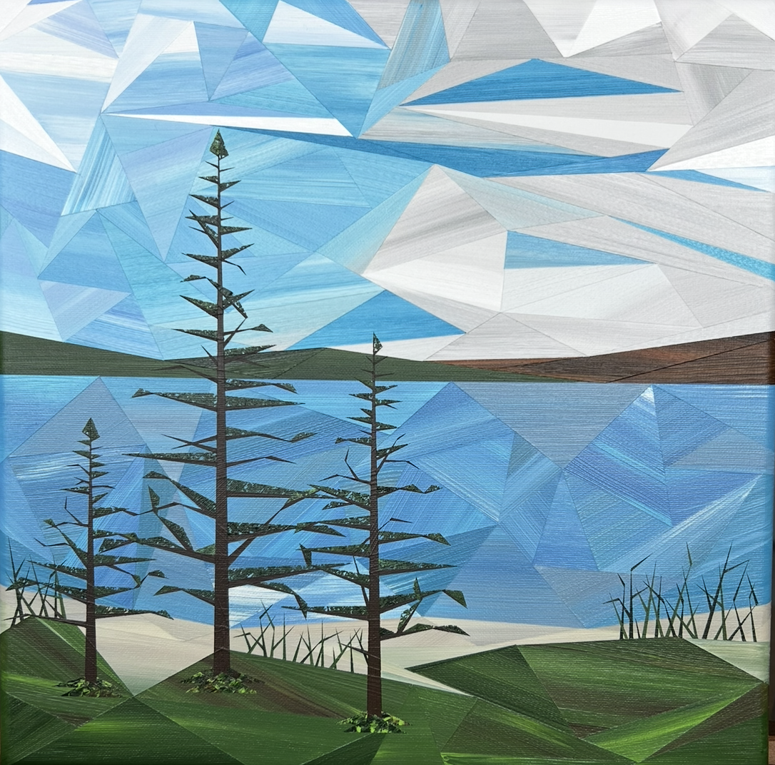 Where We Pause, an original acrylic landscape painting by Marilyn Calleja, composed of hand-painted triangles with tall evergreen trees overlooking blue water beneath a sweeping white and blue sky.