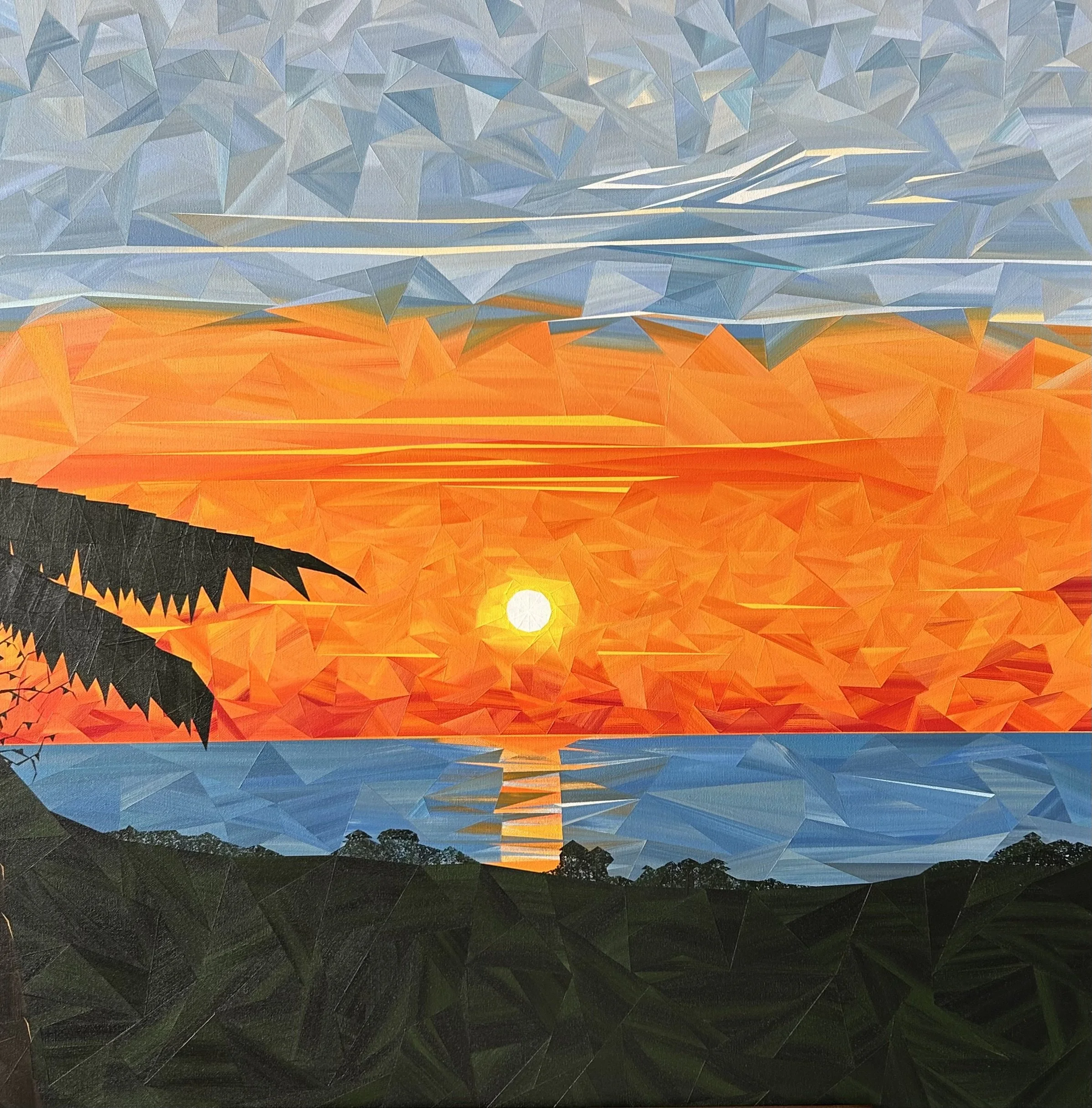 Pure Transcendence, an original acrylic landscape painting by Marilyn Calleja, composed of hand-painted triangles with a brilliant orange sunset reflected across blue water beneath a layered grey and white sky.