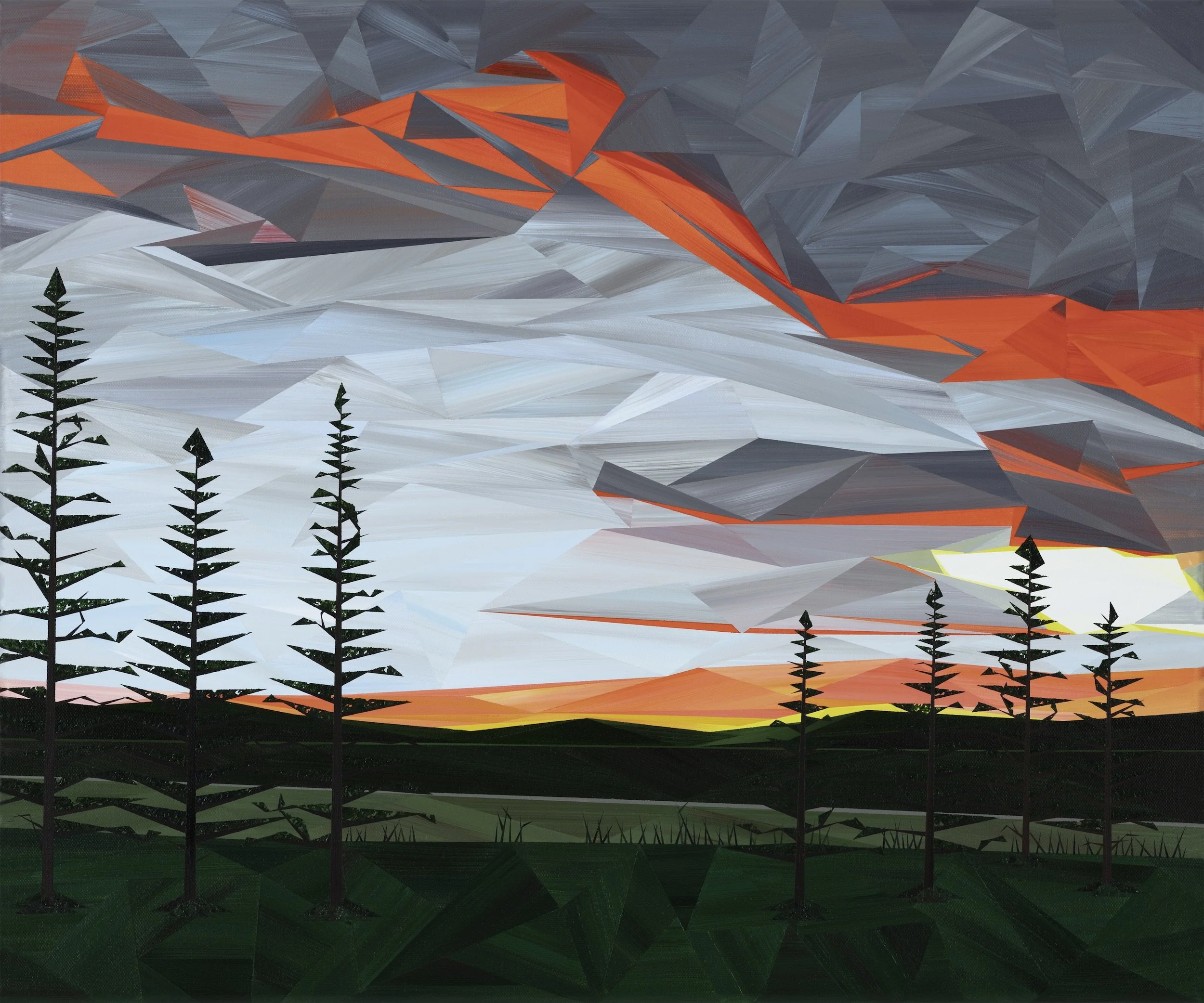 An original acrylic landscape painting by Marilyn Calleja, composed of hand-painted triangles with a dramatic red and grey sky above silhouetted trees.