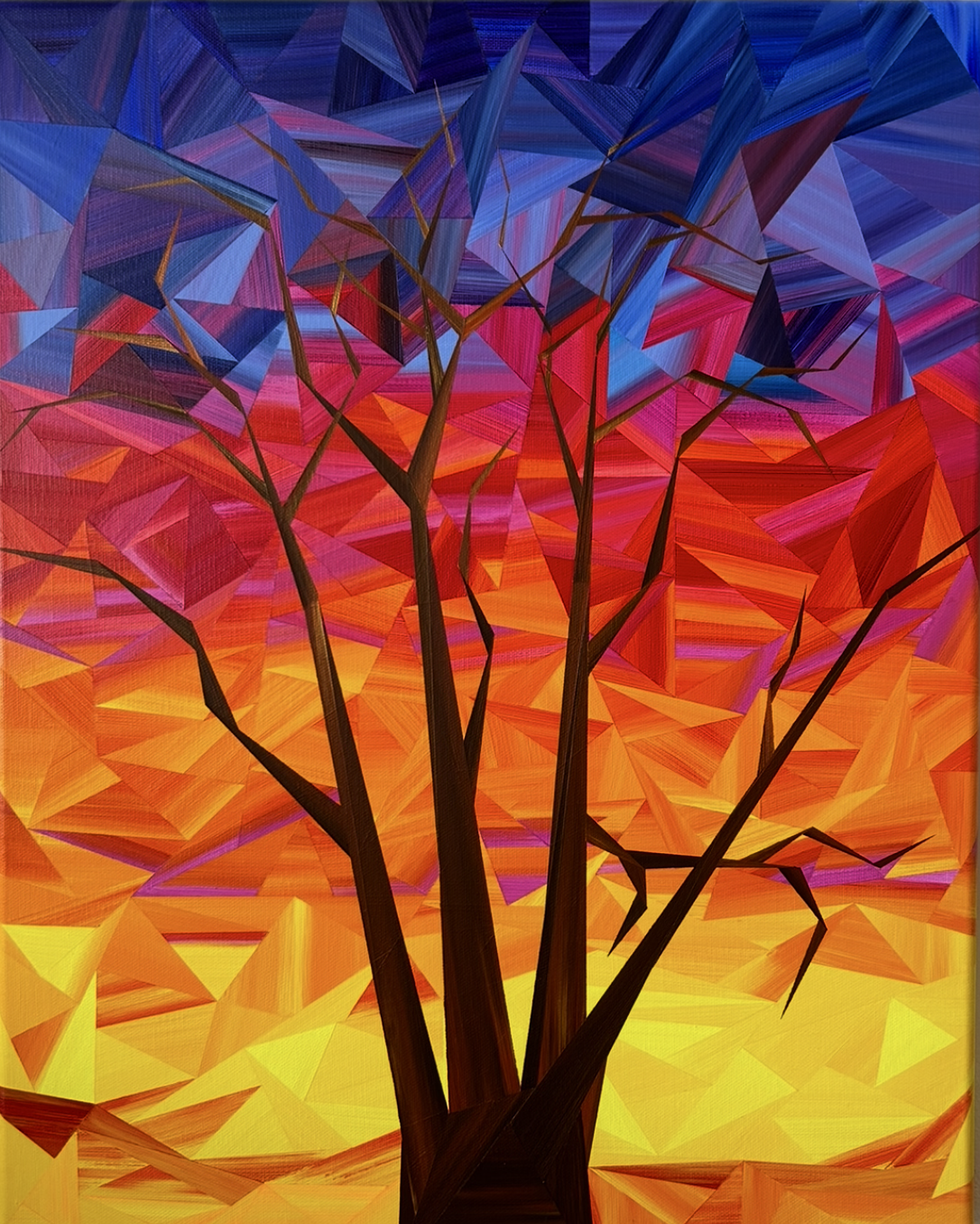 The Hand that Feeds, an original acrylic landscape painting by Marilyn Calleja, composed of hand-painted triangles with a silhouetted tree against a fiery red, orange and yellow sky.