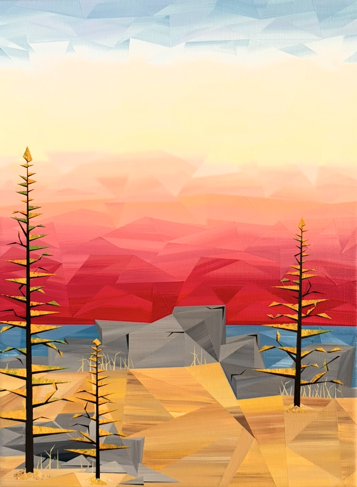 A New Day, an original acrylic landscape painting by Marilyn Calleja, composed of hand-painted triangles with silhouetted trees surrounding calm water beneath a softly glowing pink, yellow and blue sky.