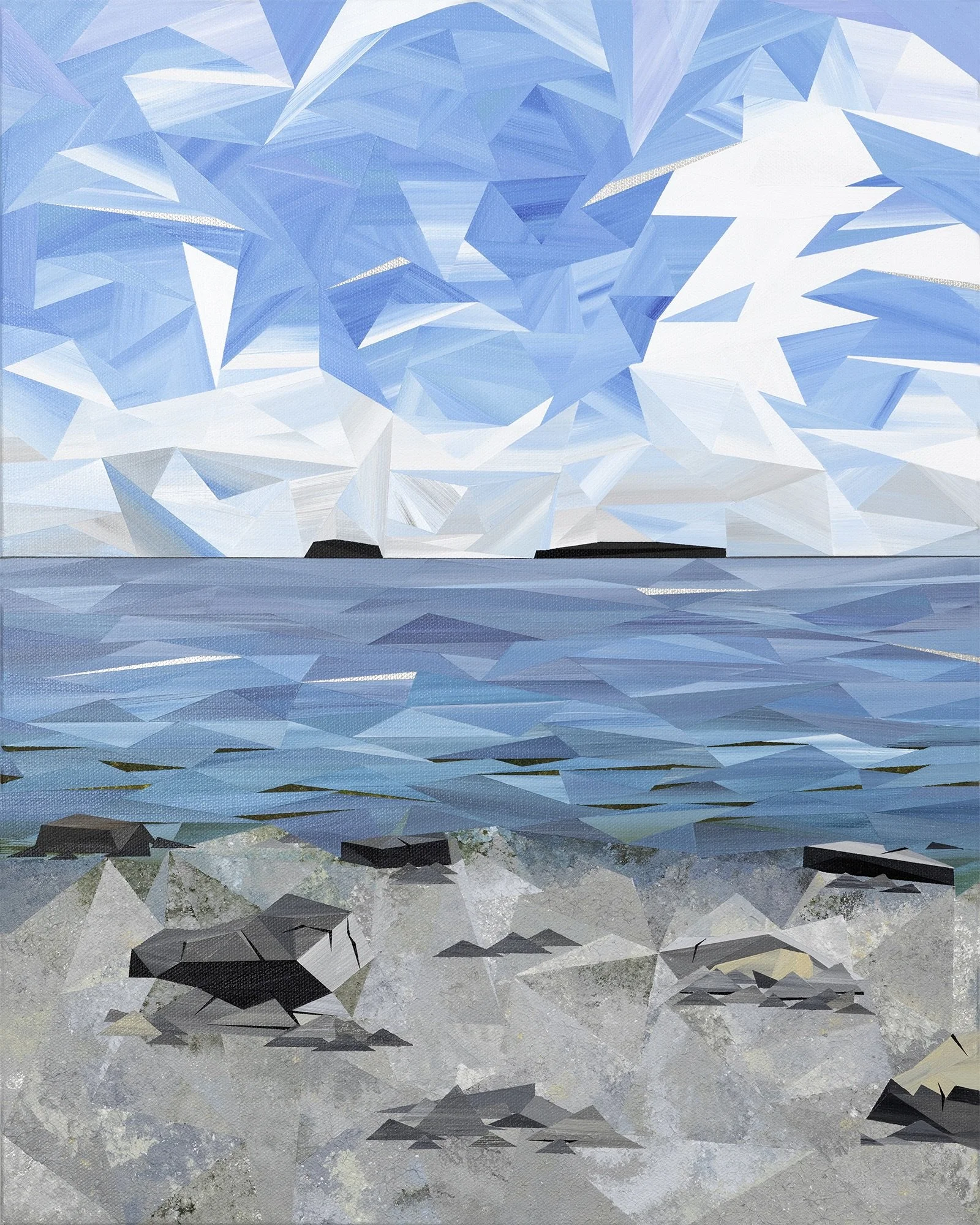 Lepreau, an original acrylic landscape painting by Marilyn Calleja, depicting the New Brunswick coast with blue water, rocky shoreline and a bright sky built from hand-painted triangles.