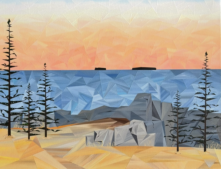 Polygonal art landscape of a beach scene with a sunset, blue ocean, rocky shoreline, and pine trees.
