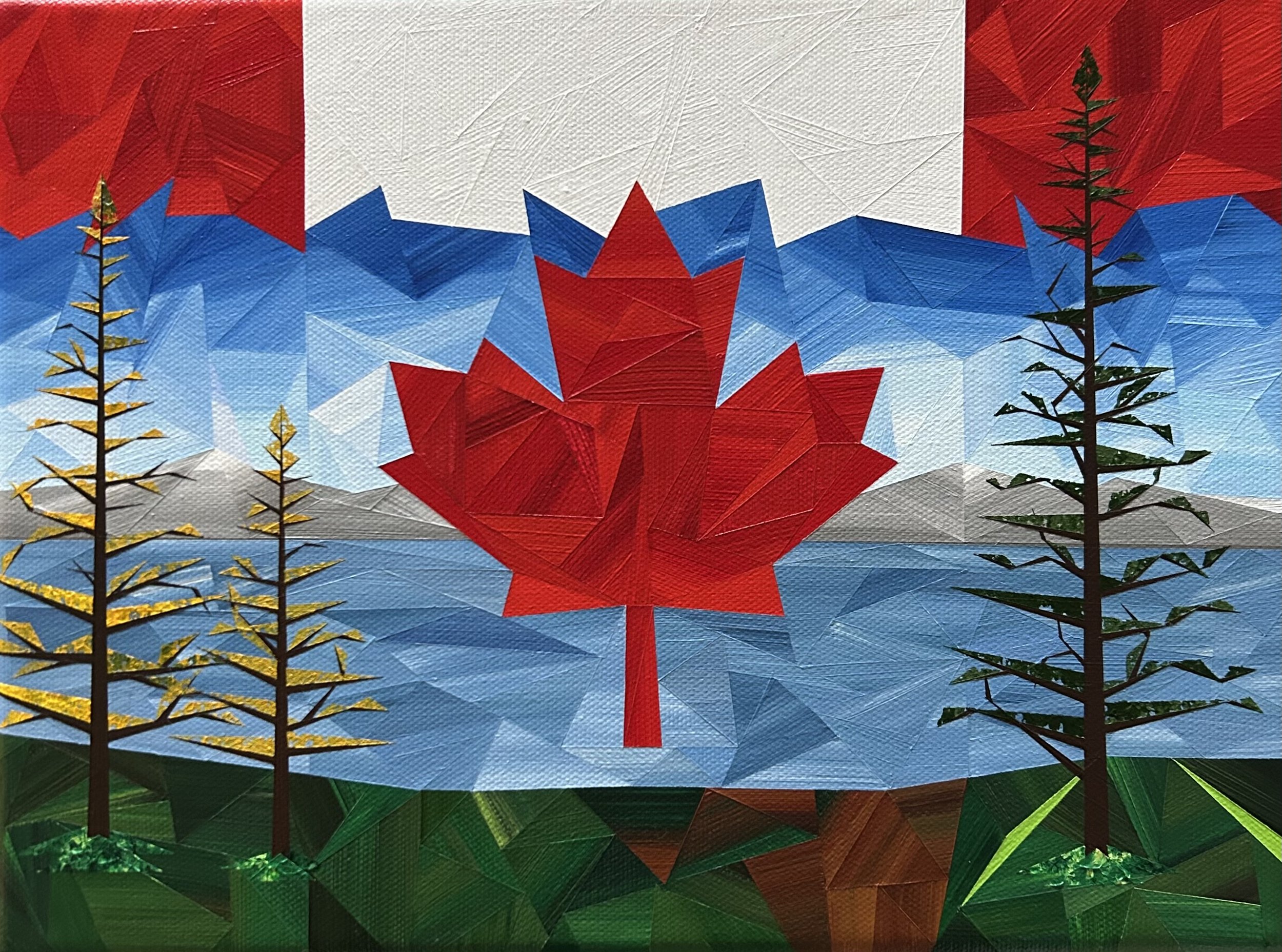 Rooted in the North, an original acrylic landscape painting by Marilyn Calleja, composed of hand-painted triangles with a dense forest of evergreens in layered shades of green and blue.