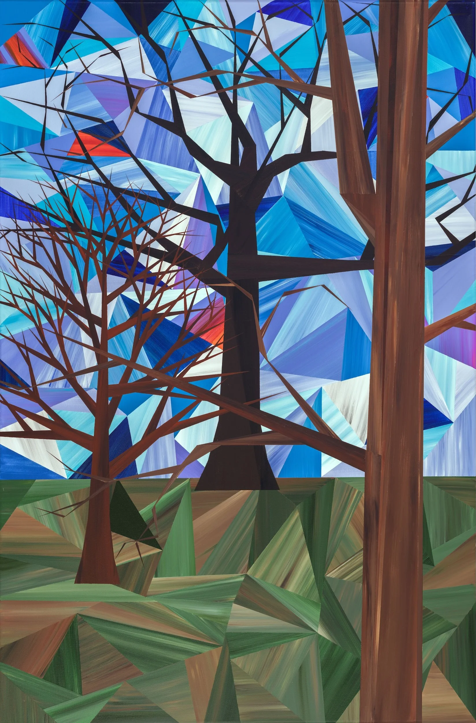 It's All Relative, an original acrylic landscape painting by Marilyn Calleja, composed of hand-painted triangles with tall trees,  layered green earth and a faceted blue sky.