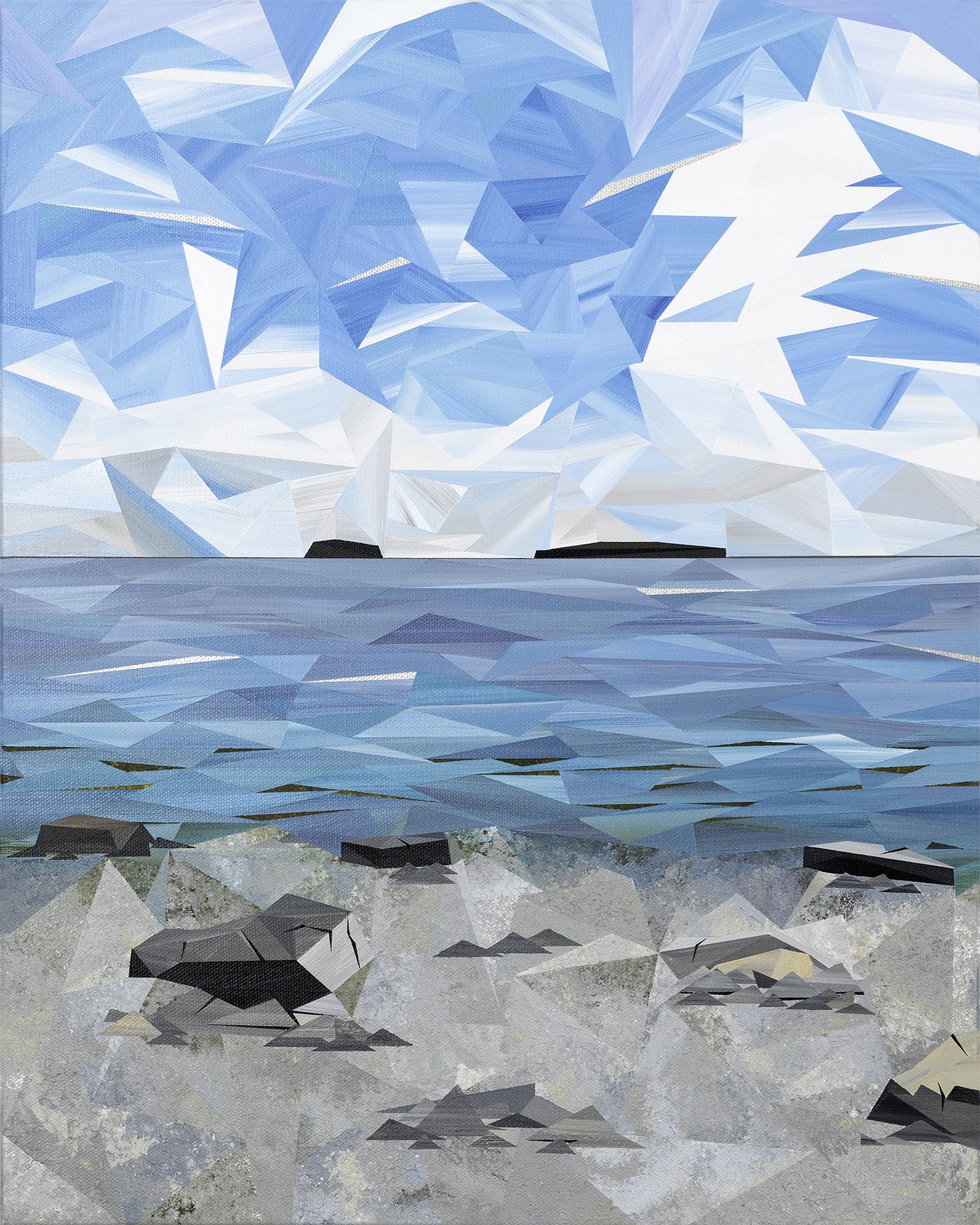 Lepreau, an original acrylic landscape painting by Marilyn Calleja, depicting the New Brunswick coast and blue water, rocky shoreline and a bright sky built from hand-painted triangles.