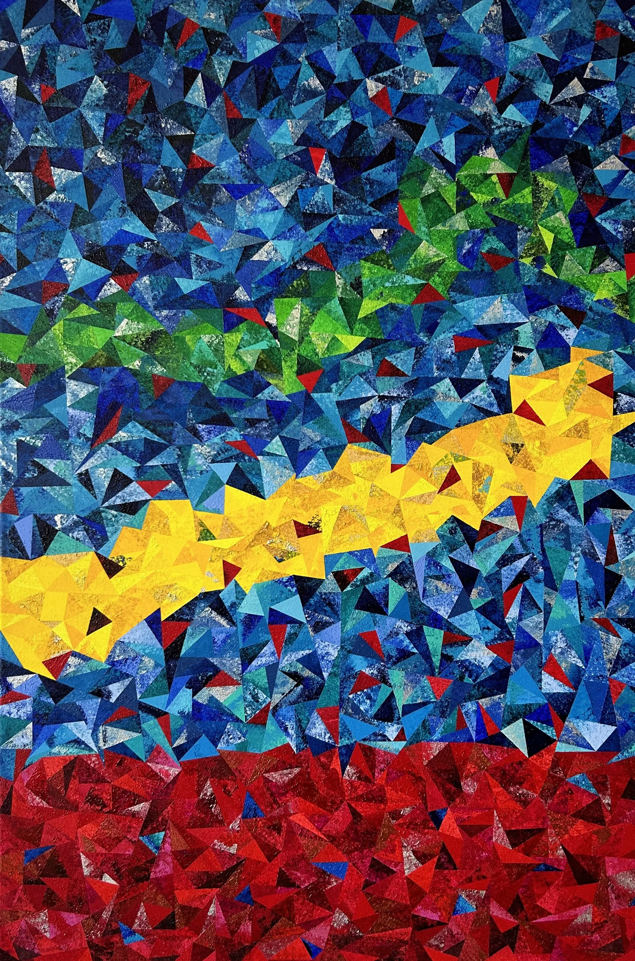 Festival of Triangles, an original acrylic painting by Marilyn Calleja, composed of more than 2000 hand-painted triangles in layered bands of blue, green, yellow and red.