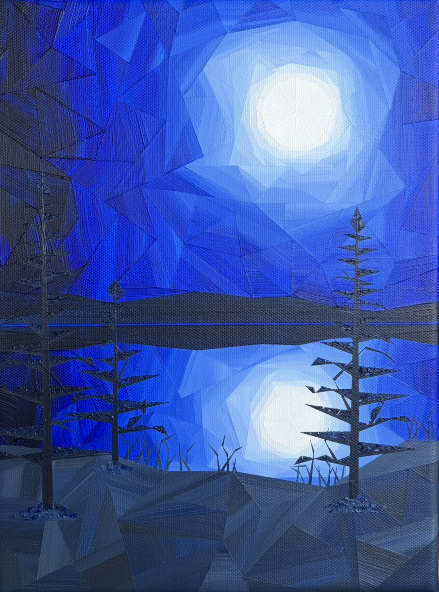 Blue of Night, an original acrylic landscape painting by Marilyn Calleja, composed of hand-painted triangles in deep blue tones with a luminous moon reflected across dark water and a solitary silhouetted tree.