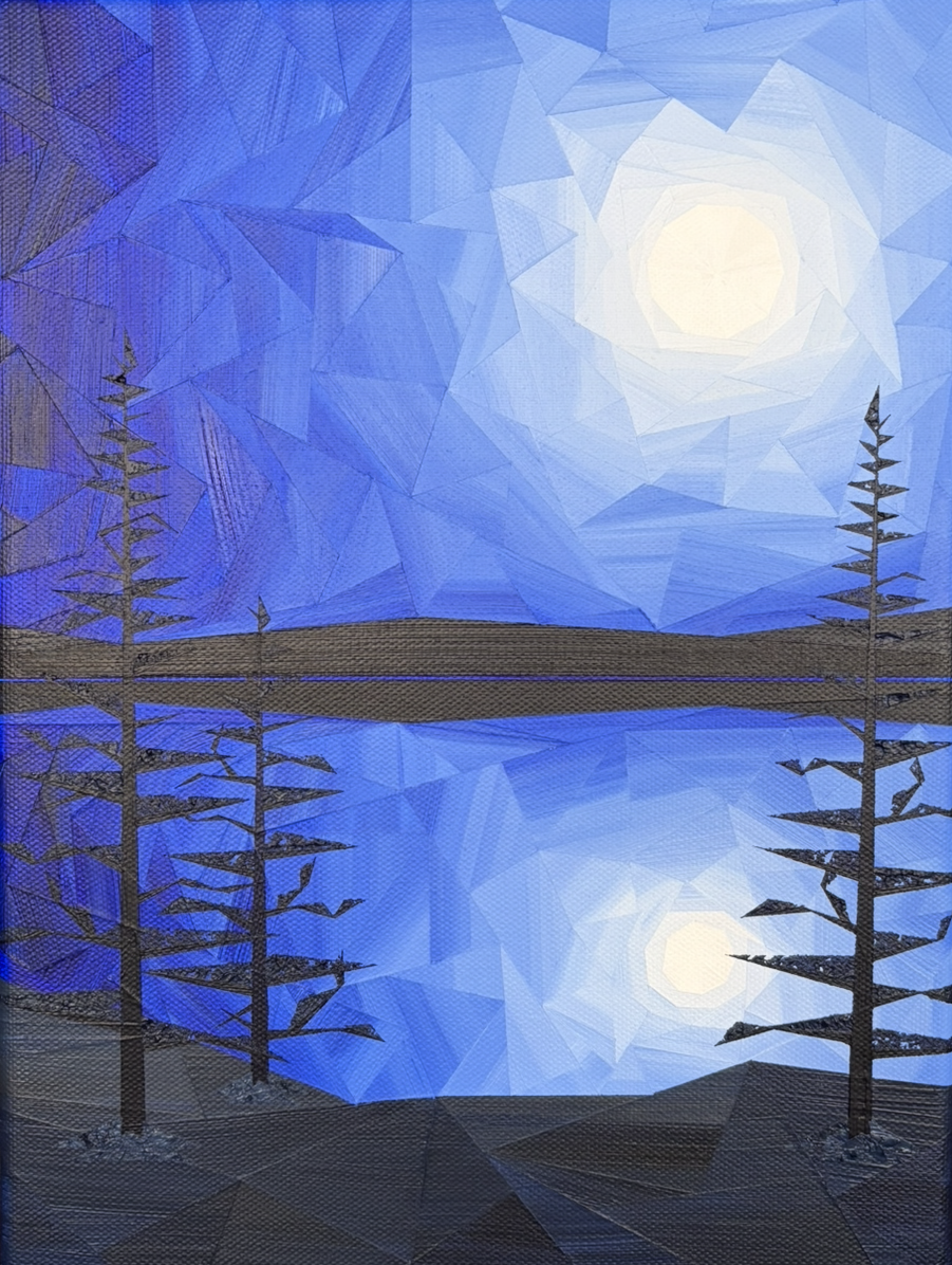 Night Between Trees, an original acrylic landscape painting by Marilyn Calleja, composed of hand-painted triangles in blue, black and white with a luminous moon reflected across water between silhouetted trees.
