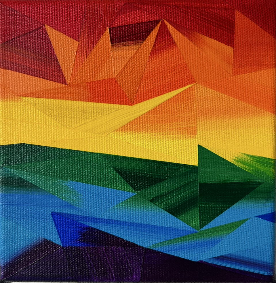 Pridescape, an original acrylic painting by Marilyn Calleja, composed of layered geometric shapes in the vibrant colours of the Pride rainbow.