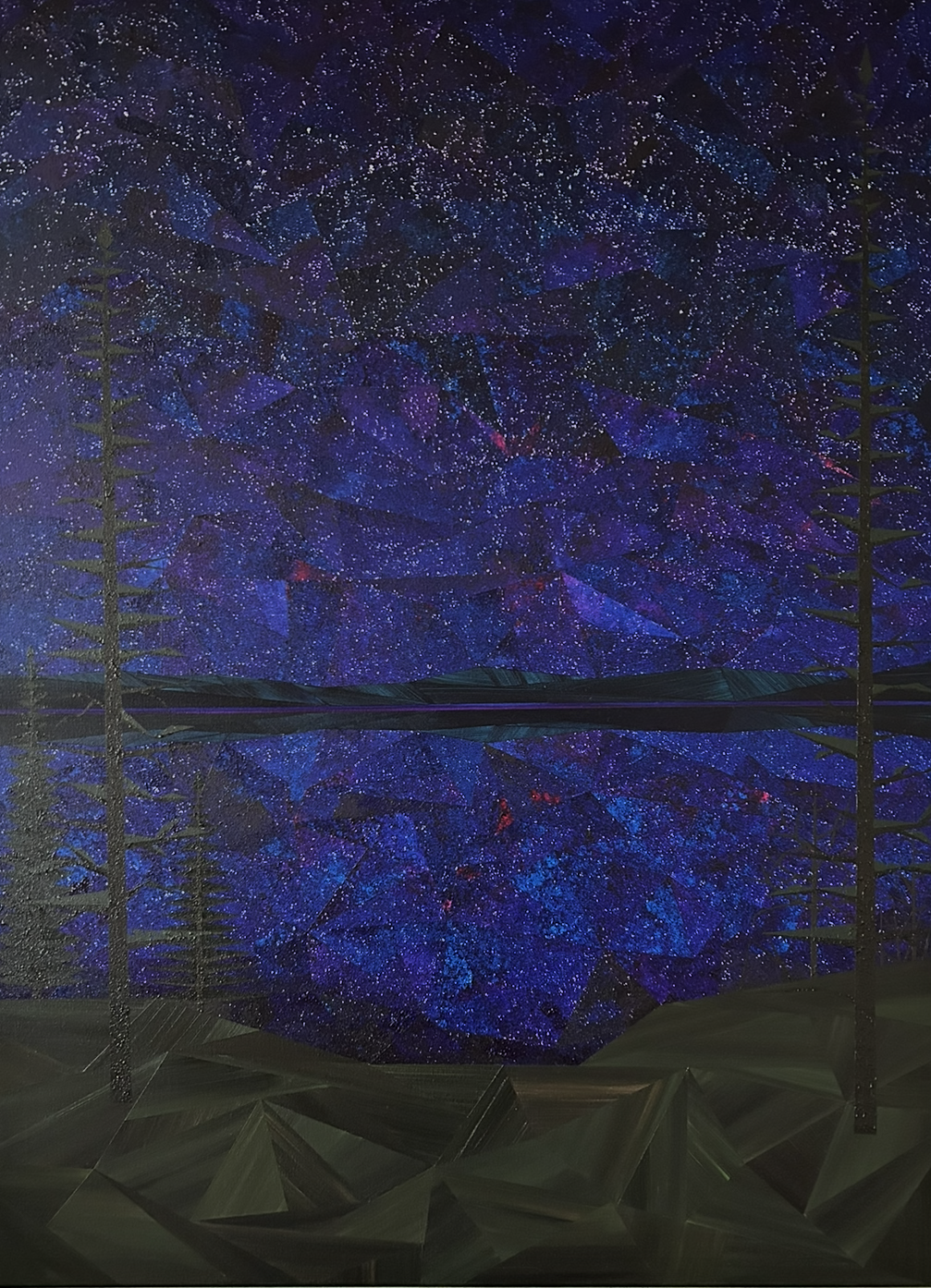 When Night Falls, an original acrylic landscape painting by Marilyn Calleja, composed of layered geometric shapes in deep blue and violet tones with a dark horizon reflected across still water.