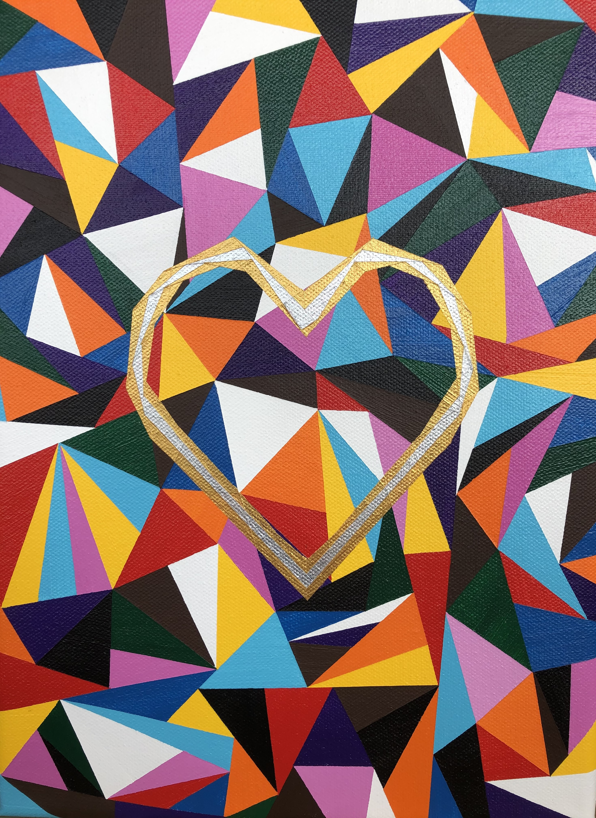 We All Belong, an original acrylic painting by Marilyn Calleja, composed of vibrant geometric shapes and hand-painted triangles surrounding a gold and silver heart, with the colours of the Progress Pride flag woven throughout the composition.