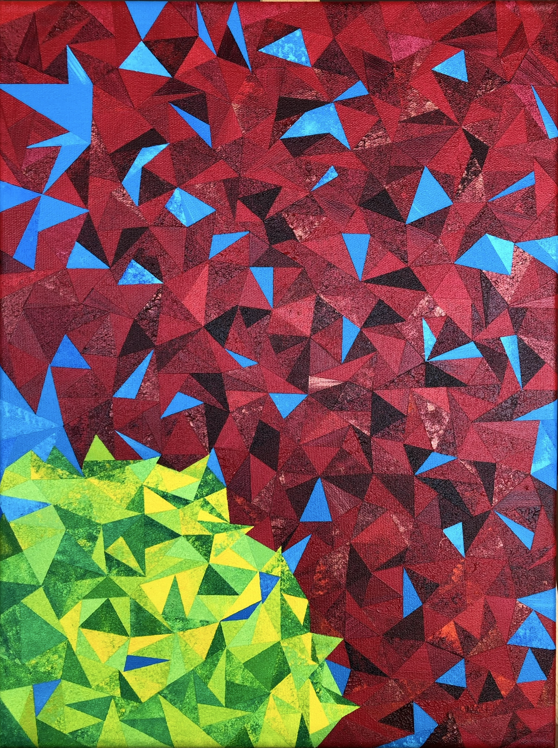 Leave It Be, an original acrylic landscape painting by Marilyn Calleja, composed of hand-painted triangles with rich red and copper tones contrasted by bright green and blue.