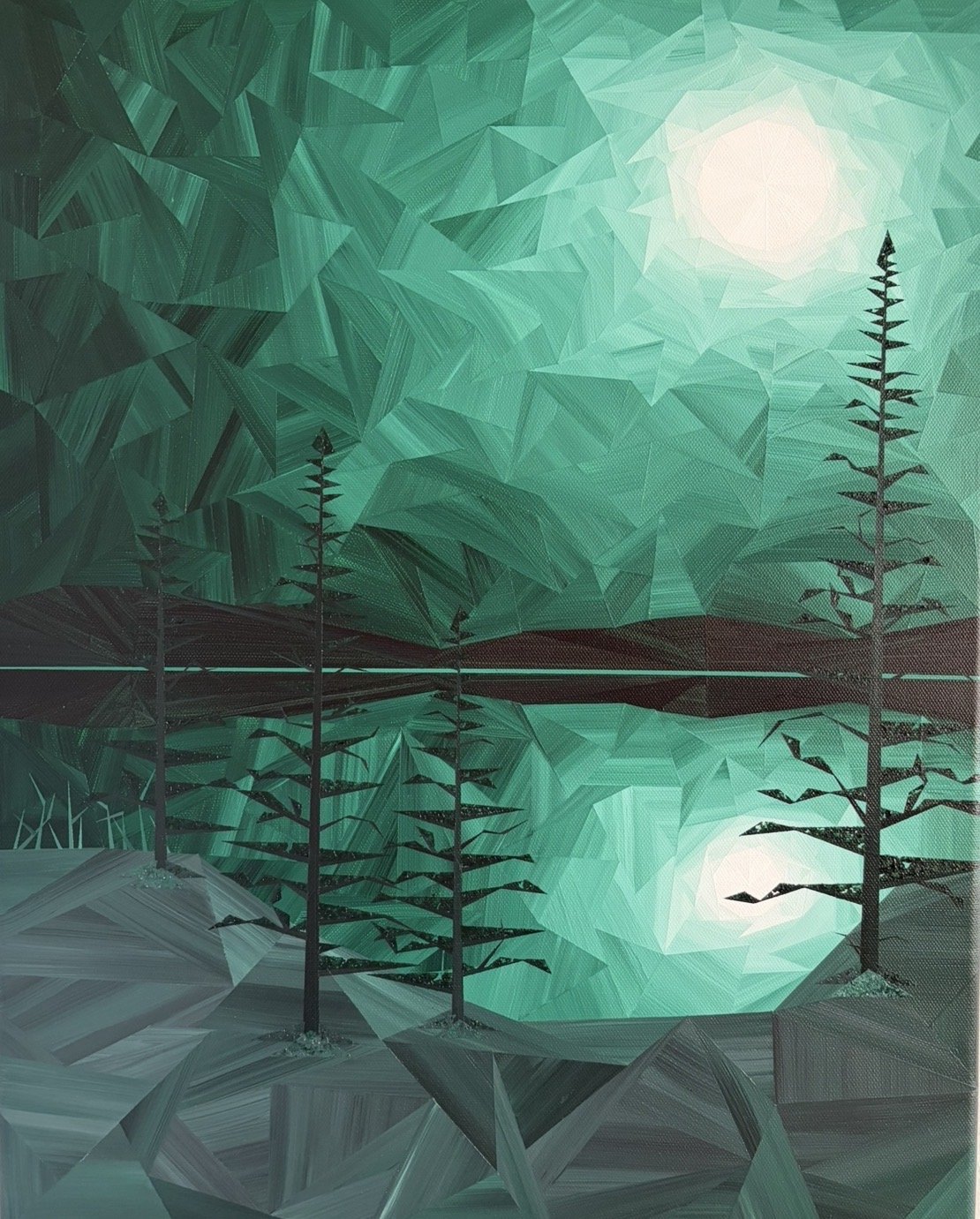 Viridian Night, an original acrylic landscape painting by Marilyn Calleja, composed of hand-painted triangles in green, black and white with a glowing moon reflected across still water and silhouetted trees.