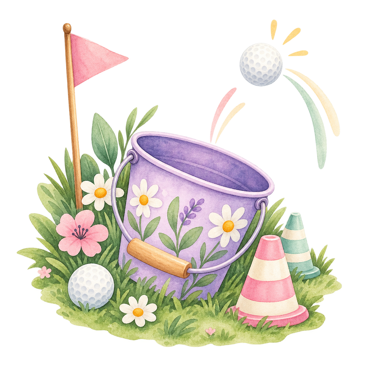 A watercolor illustration of a purple bucket with daisy flowers painted on its exterior, surrounded by green grass, pink and white flowers, a tennis ball, a pink flag on a wooden stake, two pink and green striped cones, and a golf ball, with a tennis ball in midair in the background.