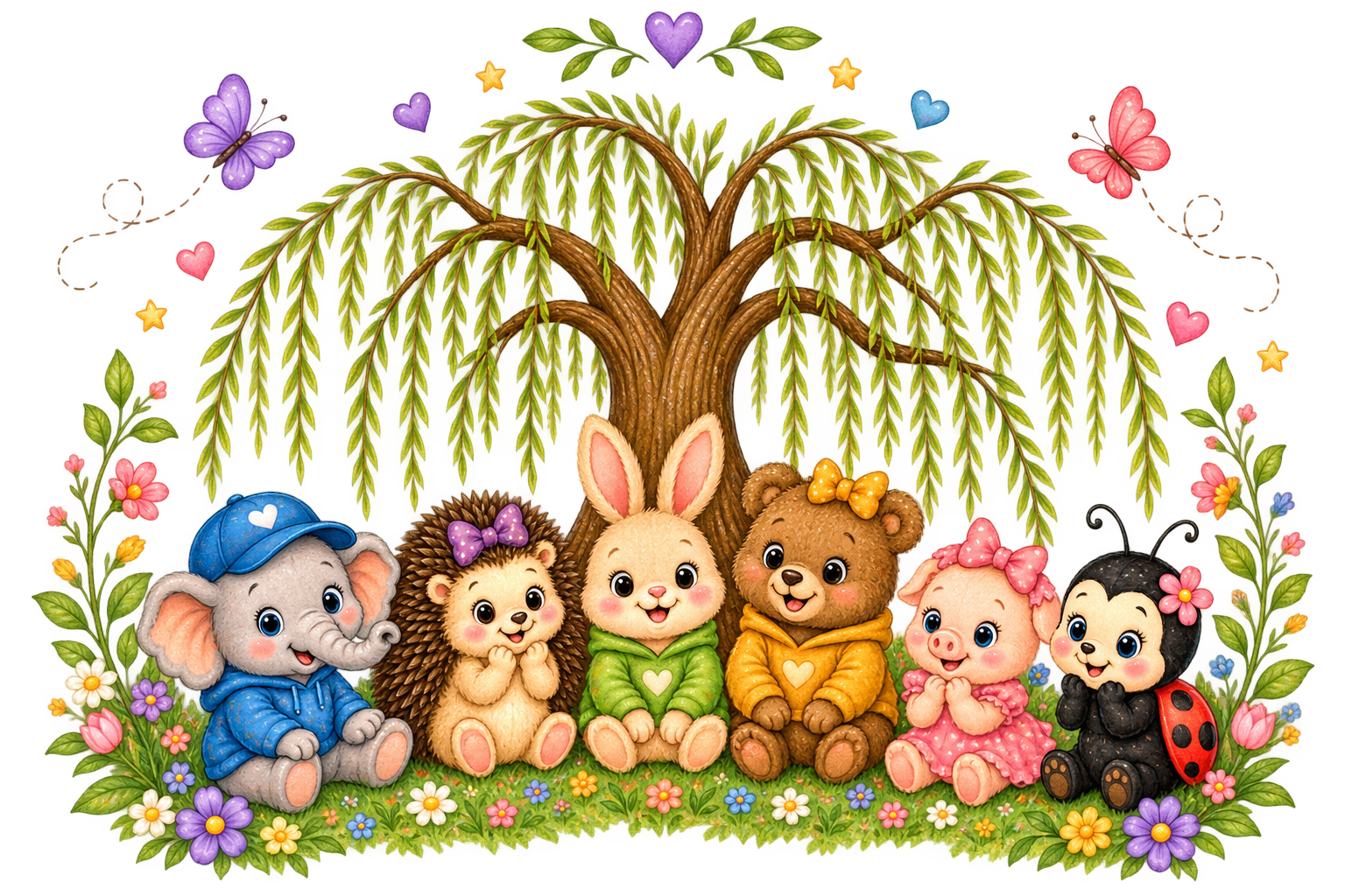 Cute cartoon animals sitting under a large leafy tree with colorful flowers, hearts, stars, and butterflies around them.