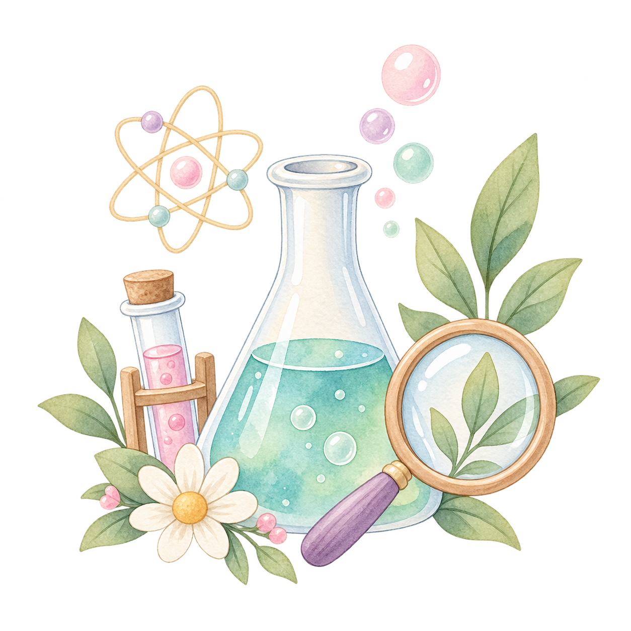 Watercolor illustration of scientific glassware including a large conical flask with green liquid, a test tube with pink liquid, and a magnifying glass with plant leaves inside, surrounded by leaves, a flower, and an atom model with orbiting particles.