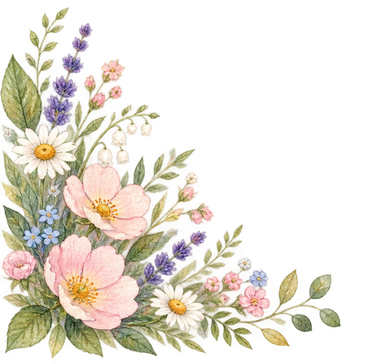 A bouquet of various flowers including pink poppies, white daisies, small blue and pink flowers, and lavender, with green leaves.