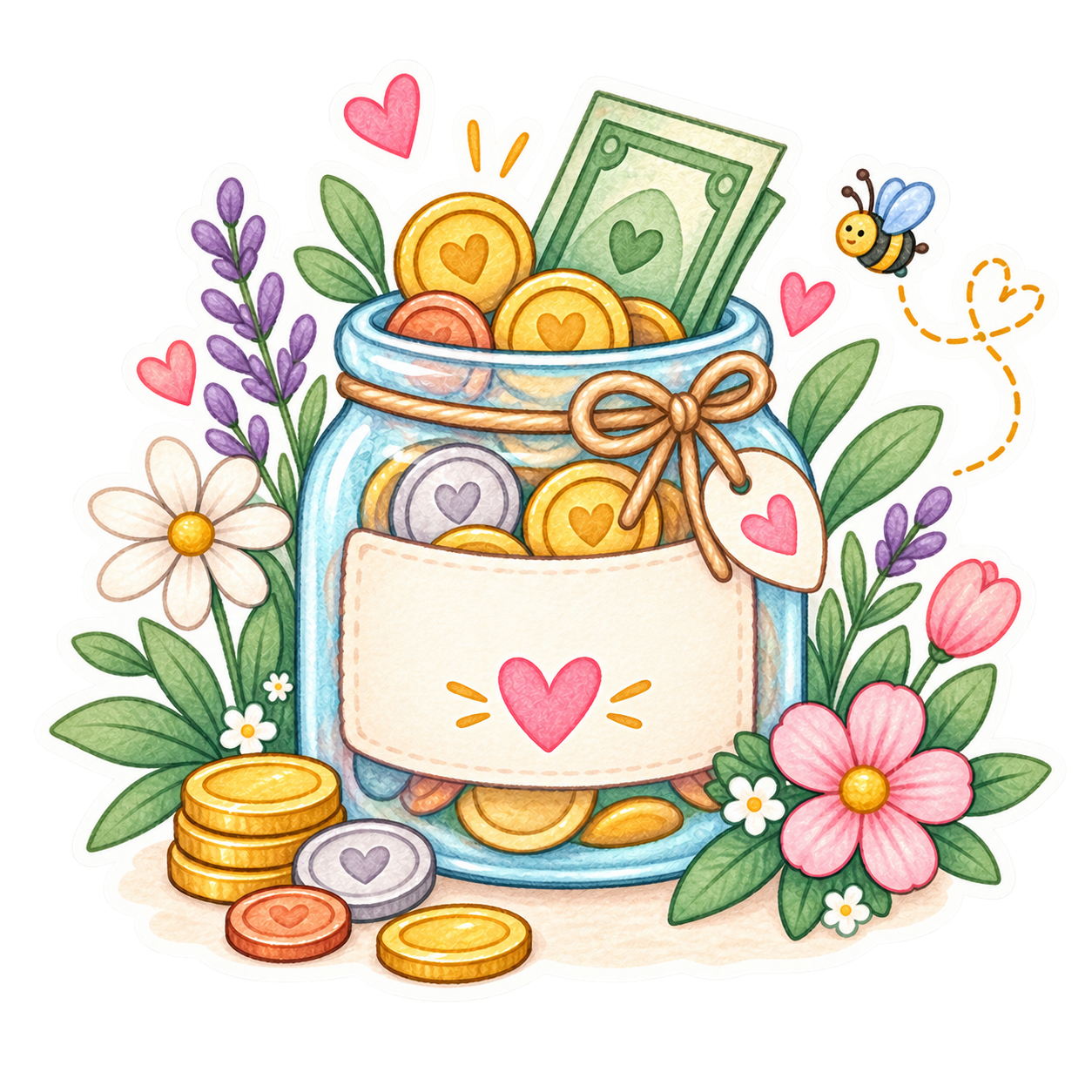 A colorful illustration of a glass jar filled with coins and cash, surrounded by flowers, a bee, and a blank label with a pink heart.