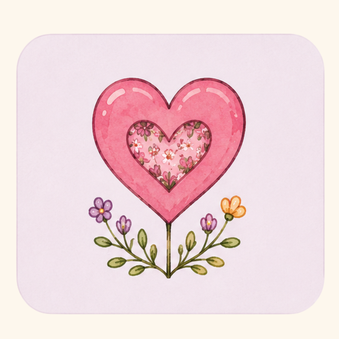 Illustration of a pink heart-shaped balloon with a floral inner heart, attached to a green stem with small purple and orange flowers and leaves.